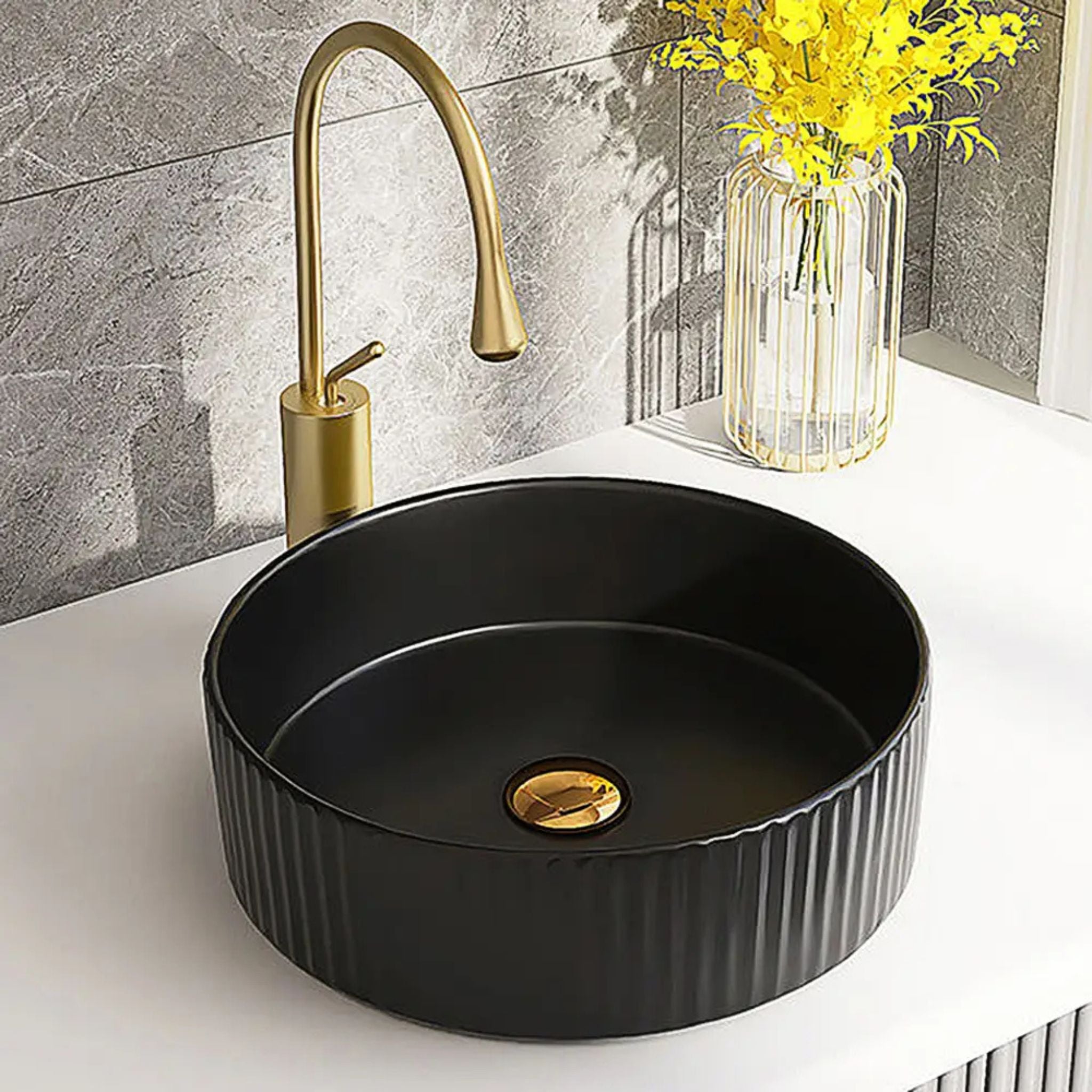 INFINITY ABOVE COUNTER CERAMIC BASIN ROUND MATTE BLACK 360MM