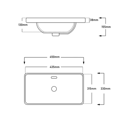 INFINITY DROP-IN CERAMIC BASIN WITH OVERFLOW GLOSS WHITE 450MM