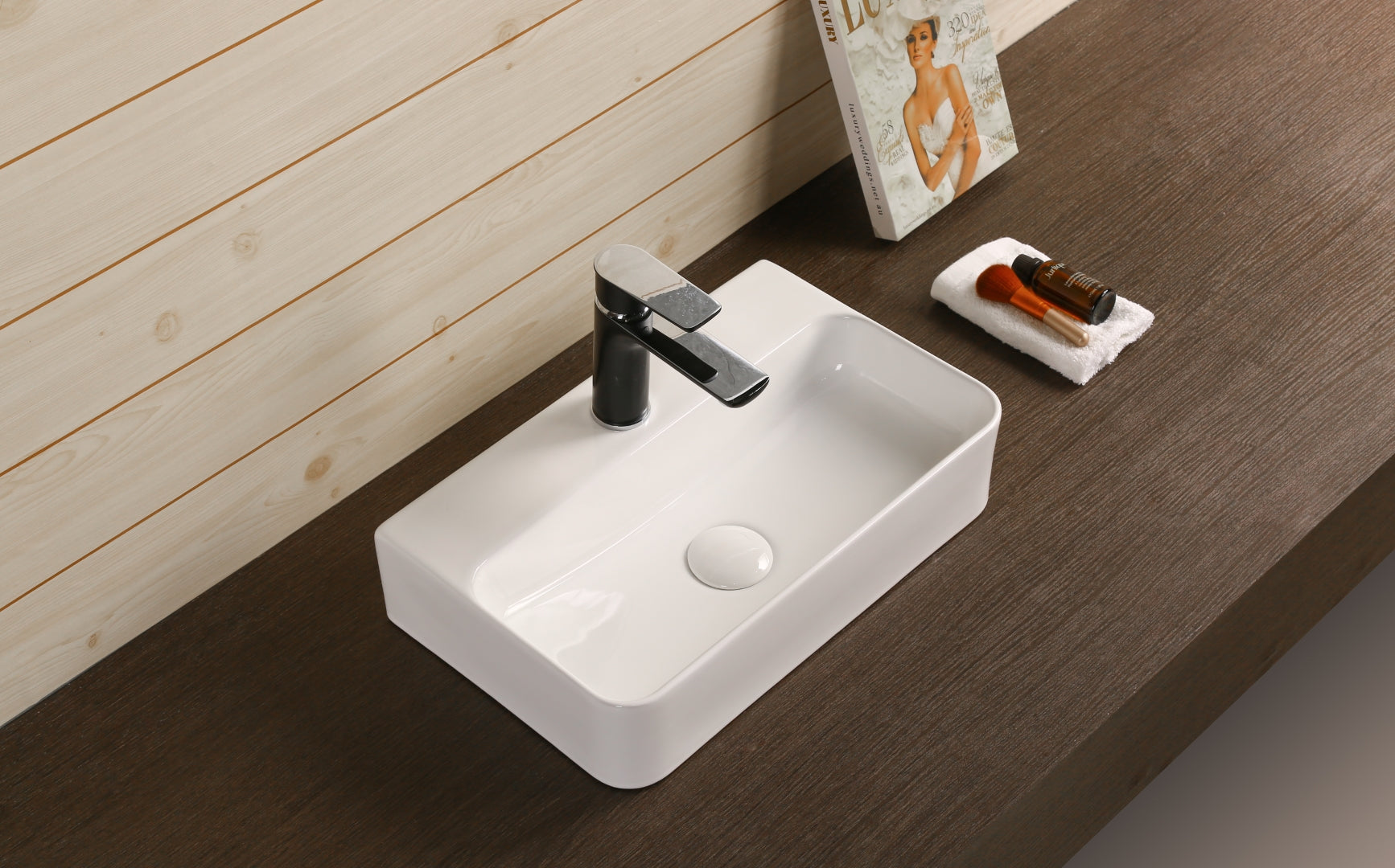 INFINITY CERAMIC BASIN ABOVE COUNTER RECTANGULAR GLOSS WHITE 450MM