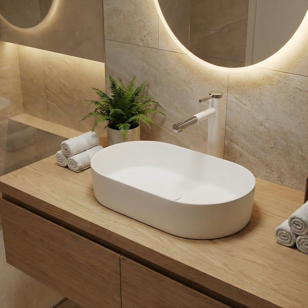 INFINITY CERAMIC BASIN ABOVE COUNTER OVAL MATTE WHITE 520MM