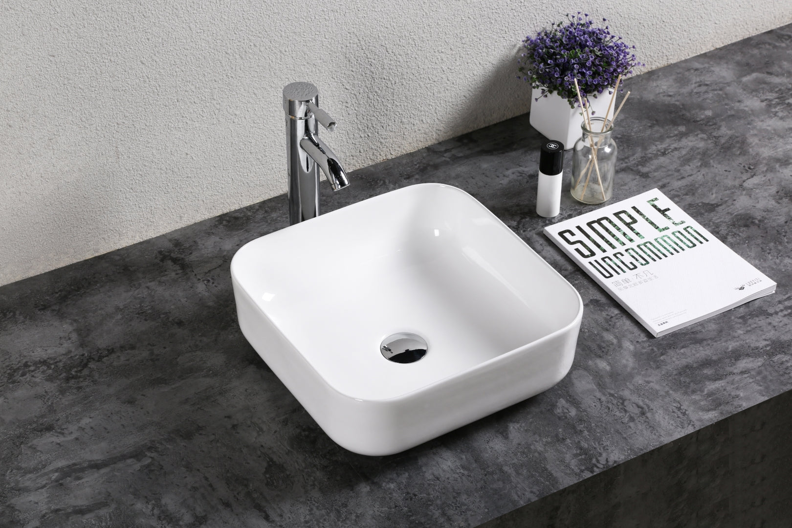 INFINITY CERAMIC BASIN & TOP SQUARE GLOSS WHITE 385MM