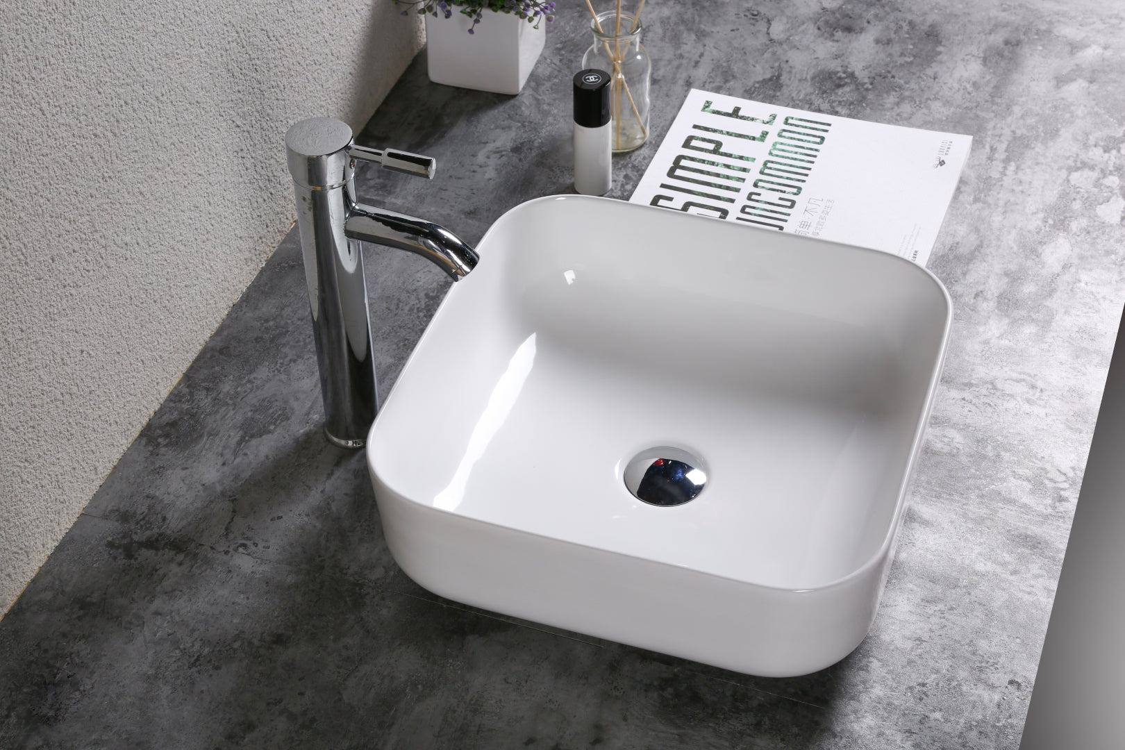 INFINITY CERAMIC BASIN & TOP SQUARE GLOSS WHITE 385MM