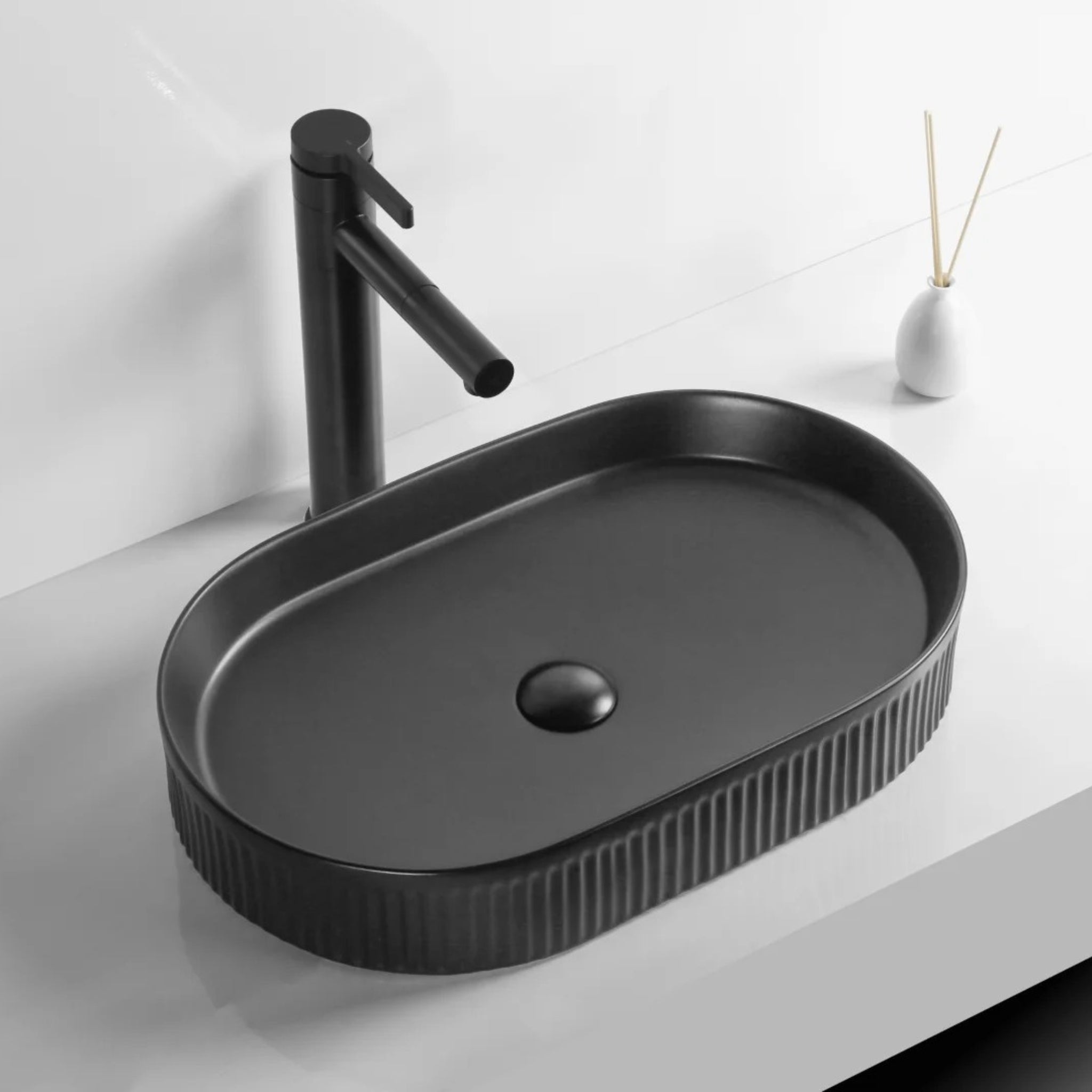 INFINITY CERAMIC ART BASIN OVAL ABOVE COUNTER MATTE BLACK 580MM