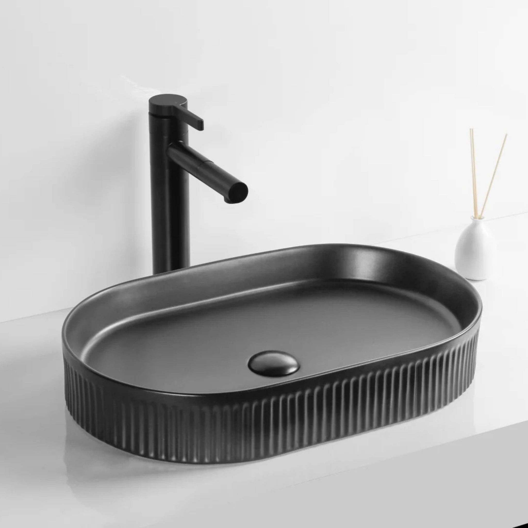 INFINITY CERAMIC ART BASIN OVAL ABOVE COUNTER MATTE BLACK 580MM