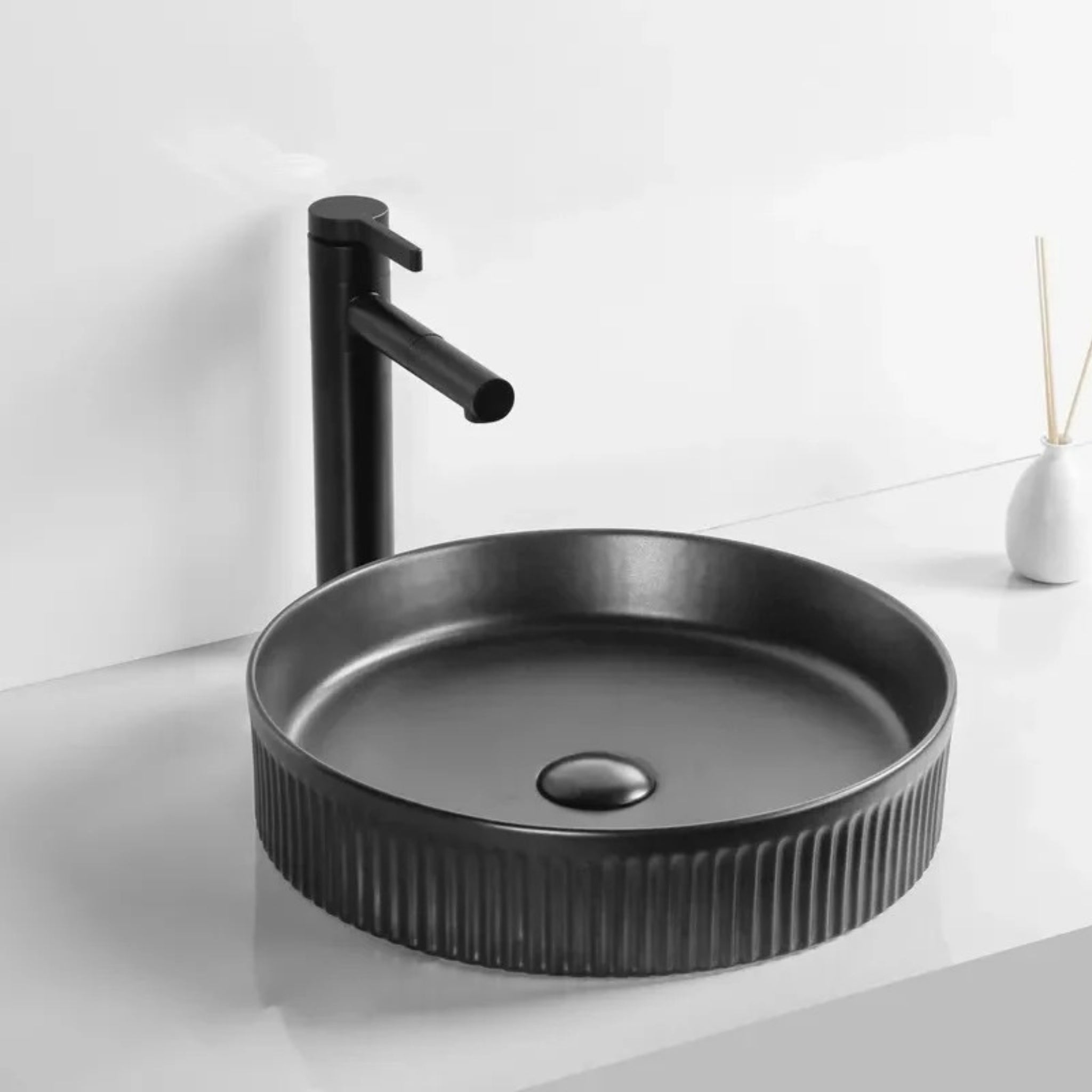 INFINITY CERAMIC ART BASIN ROUND ABOVE COUNTER MATTE BLACK 405MM