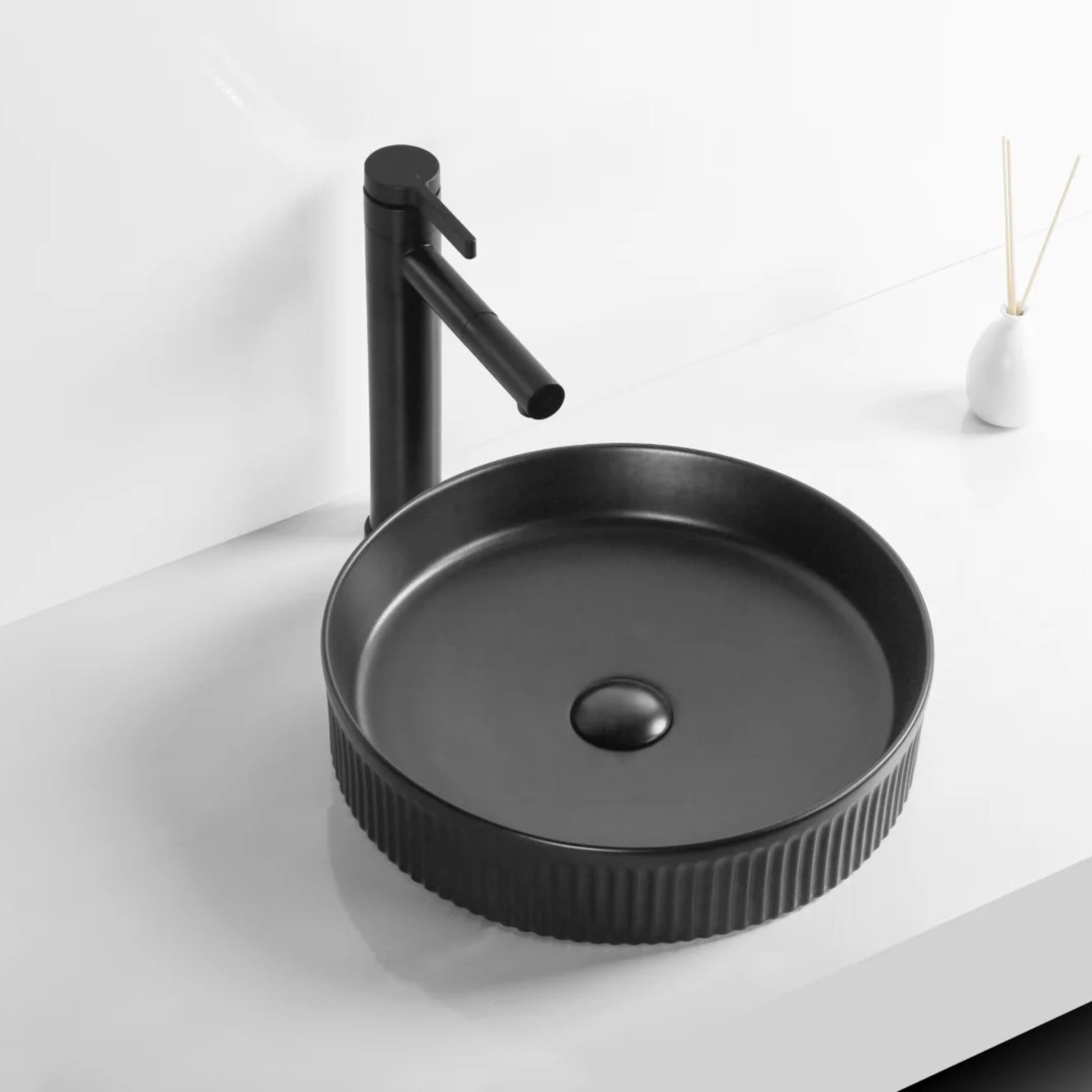 INFINITY CERAMIC ART BASIN ROUND ABOVE COUNTER MATTE BLACK 405MM