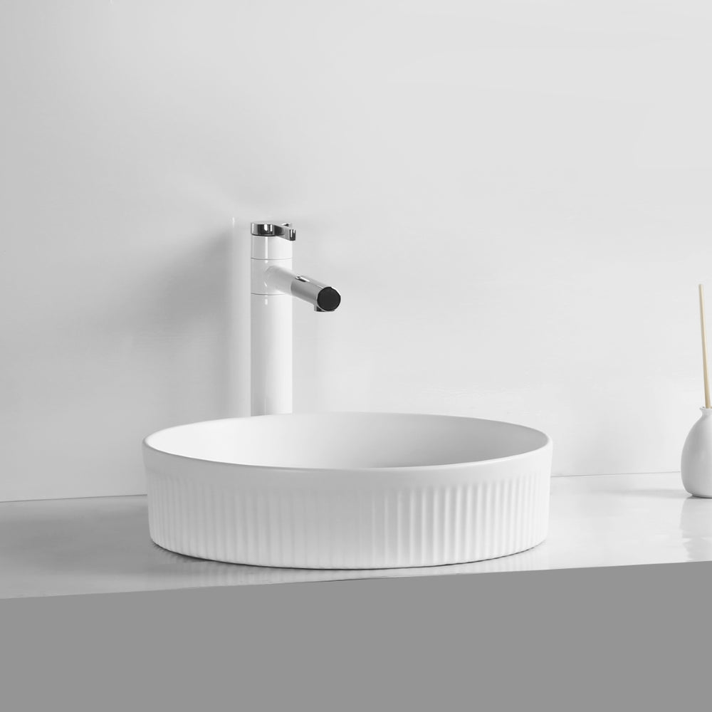 INFINITY ABOVE COUNTER ROUND MATTE WHITE CERAMIC BASIN 405MM