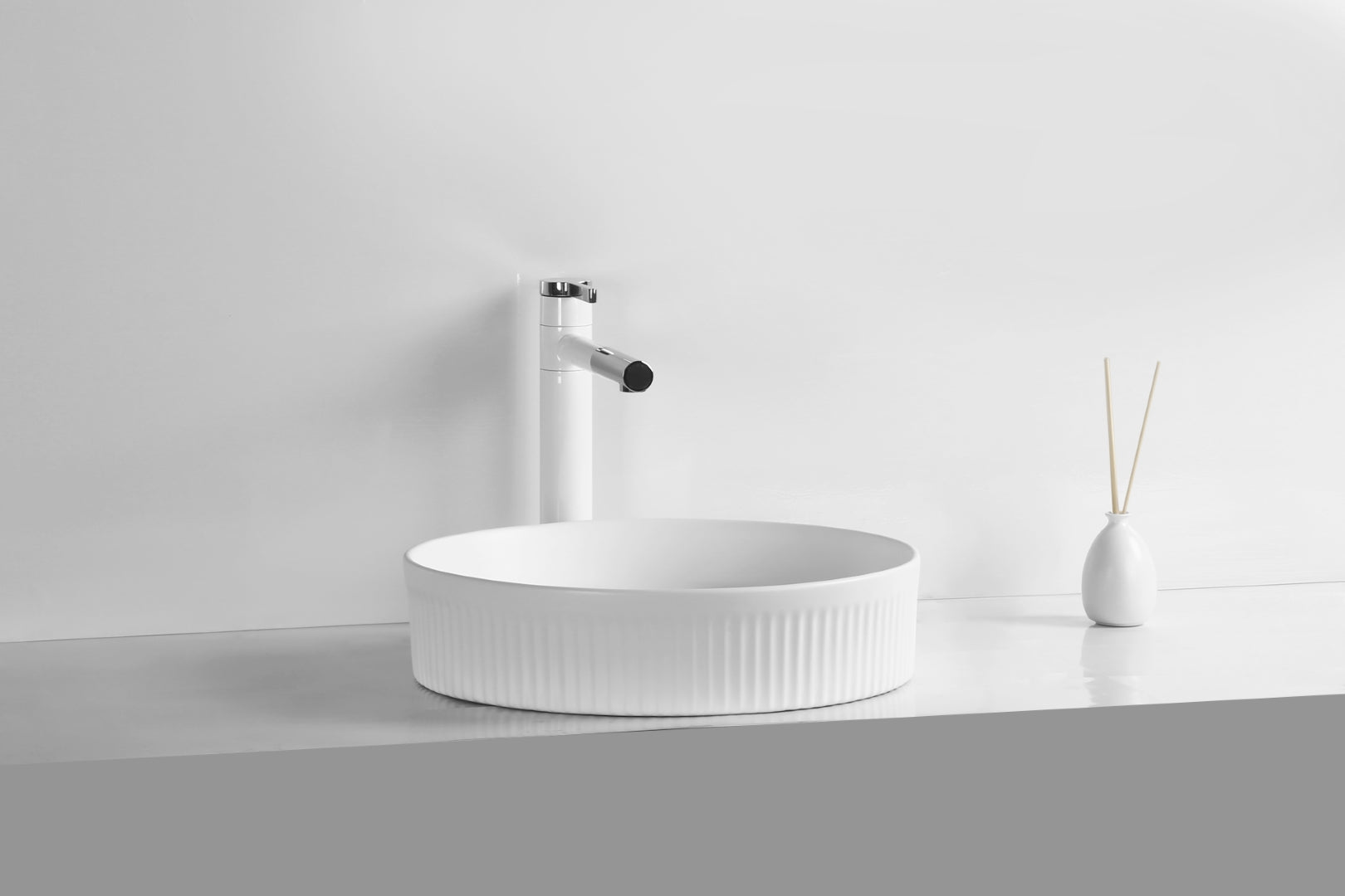 INFINITY ABOVE COUNTER ROUND MATTE WHITE CERAMIC BASIN 405MM