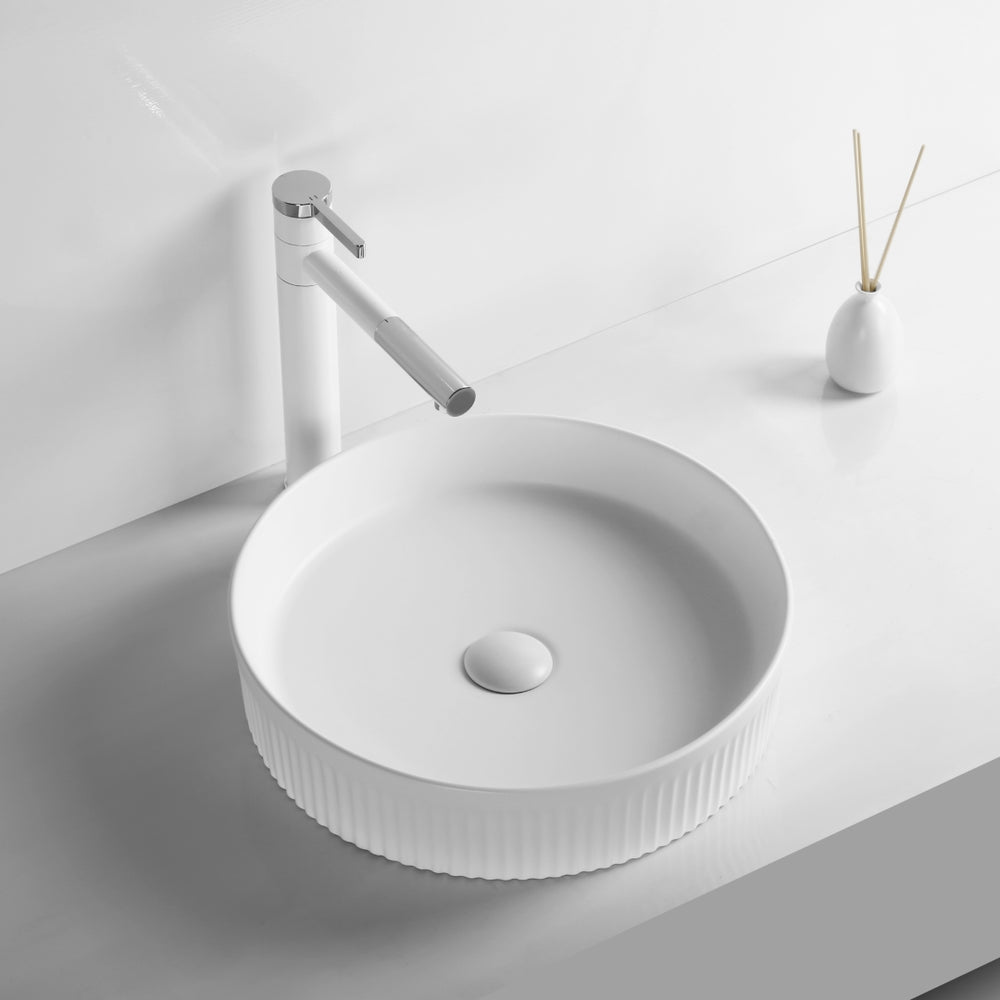 INFINITY ABOVE COUNTER ROUND MATTE WHITE CERAMIC BASIN 405MM