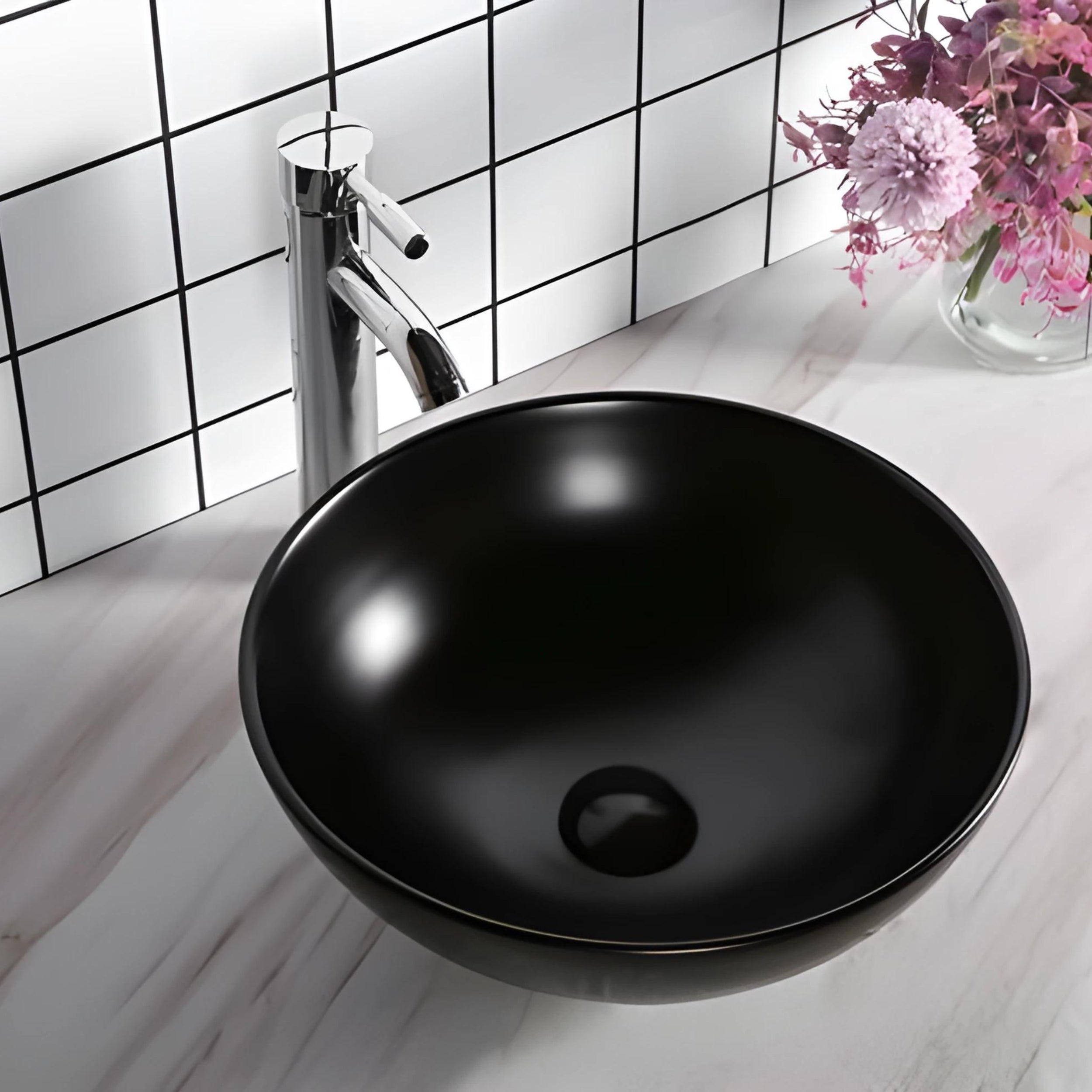 INFINITY ABOVE COUNTER CERAMIC BASIN ROUND MATTE BLACK 400MM
