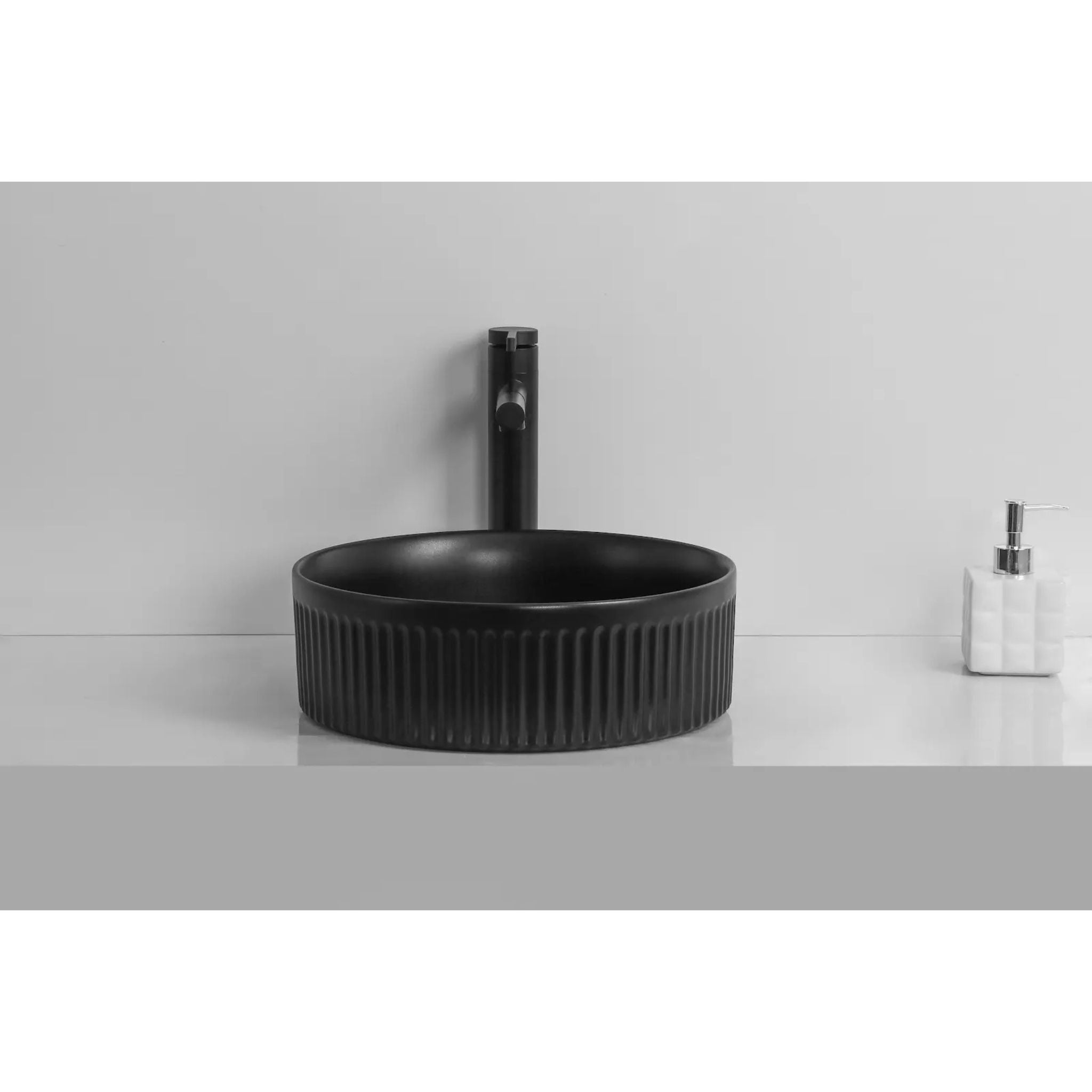 INFINITY ABOVE COUNTER CERAMIC BASIN ROUND MATTE BLACK 360MM