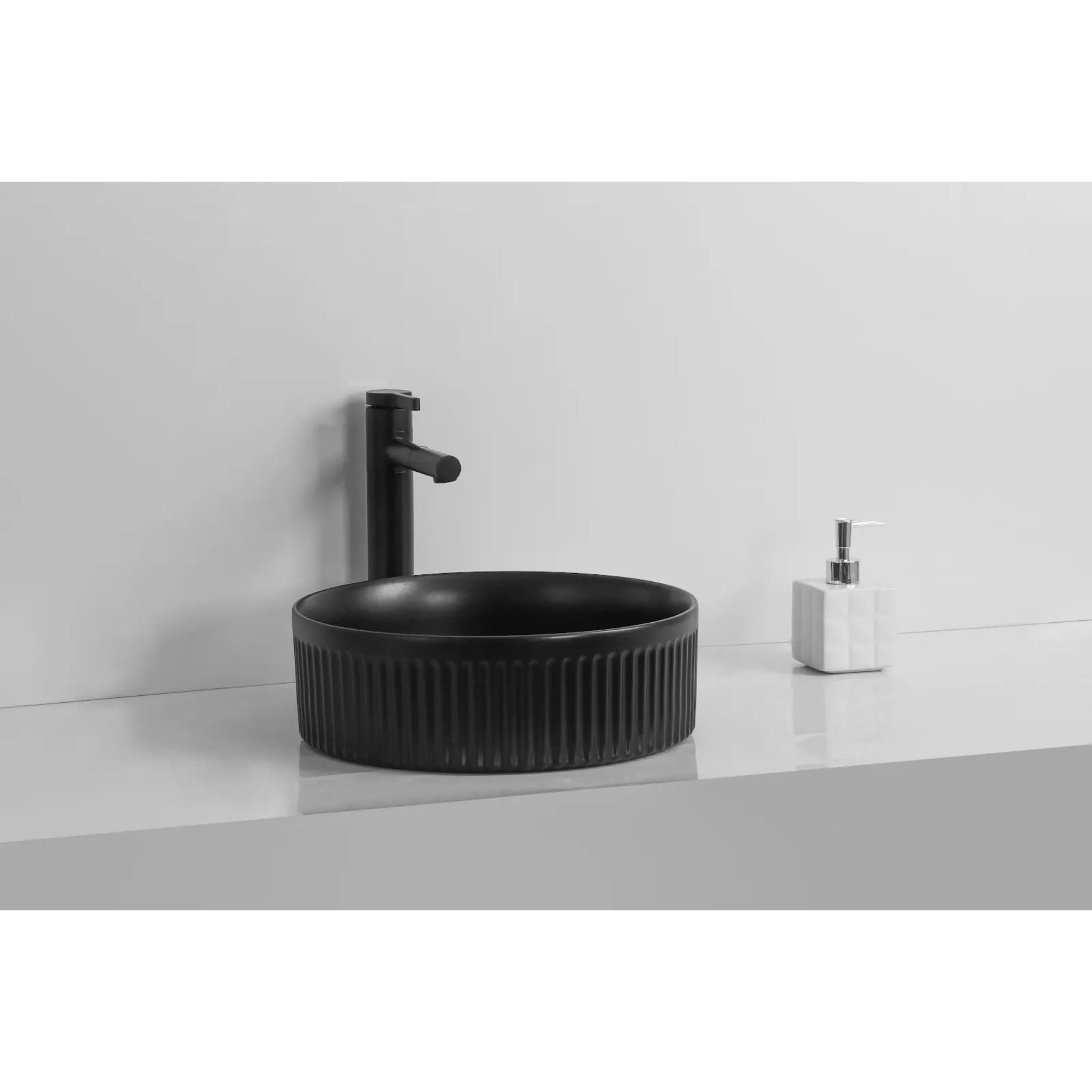 INFINITY ABOVE COUNTER CERAMIC BASIN ROUND MATTE BLACK 360MM