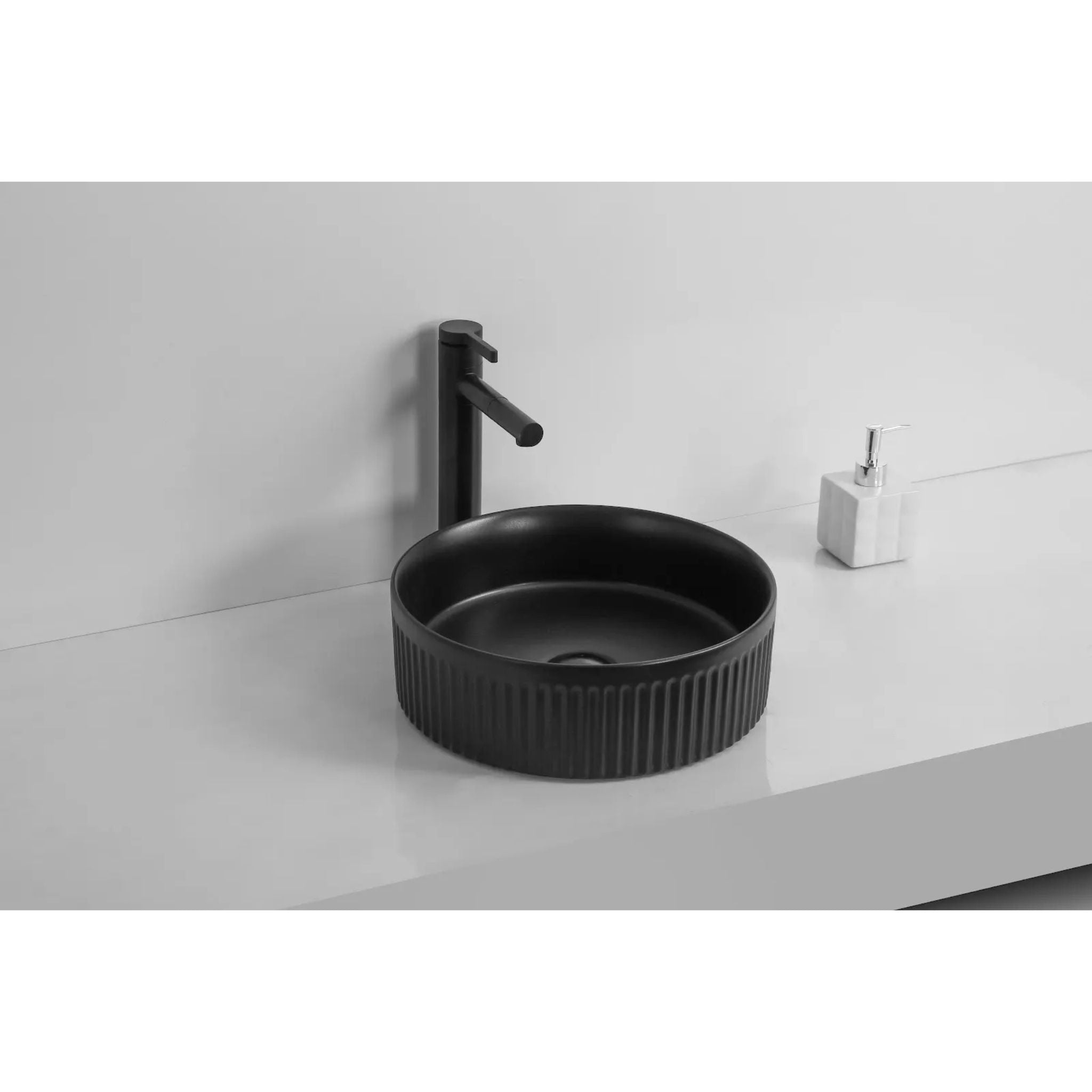 INFINITY ABOVE COUNTER CERAMIC BASIN ROUND MATTE BLACK 360MM
