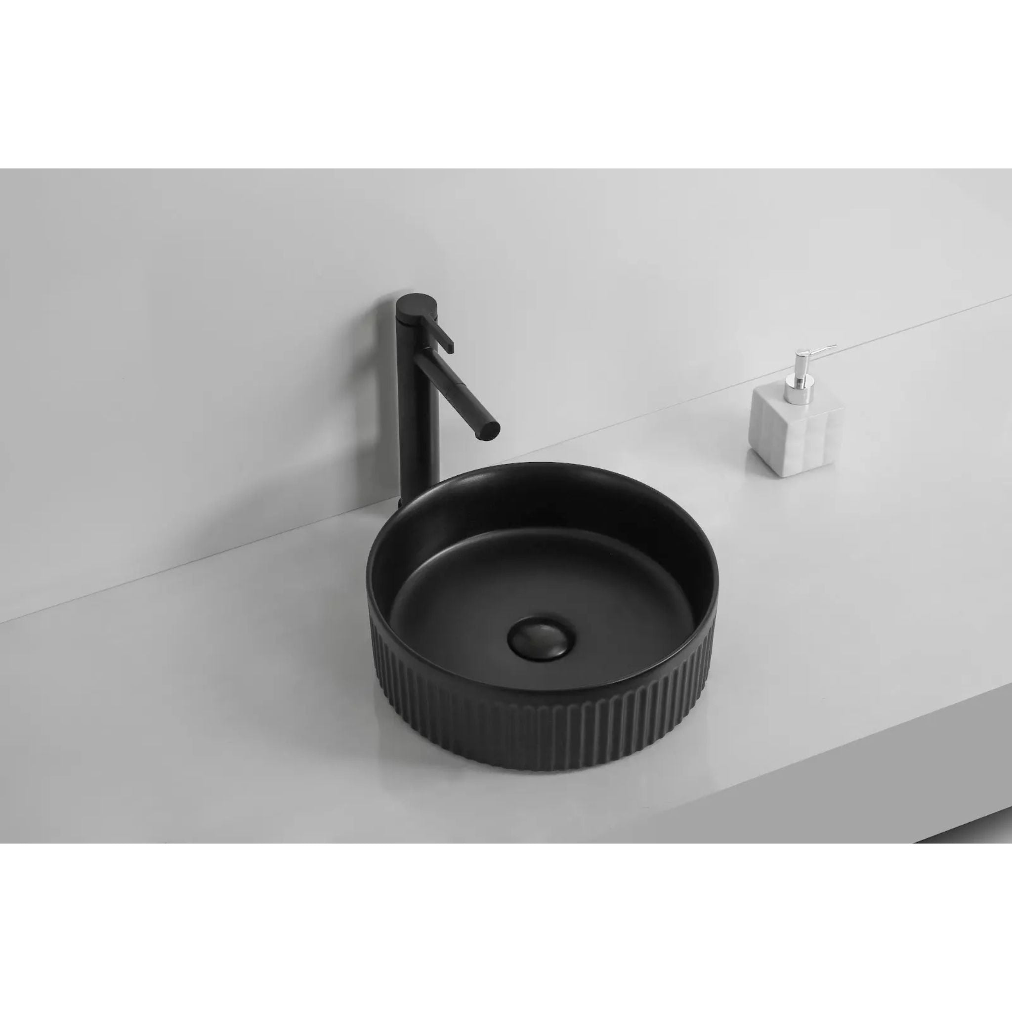 INFINITY ABOVE COUNTER CERAMIC BASIN ROUND MATTE BLACK 360MM