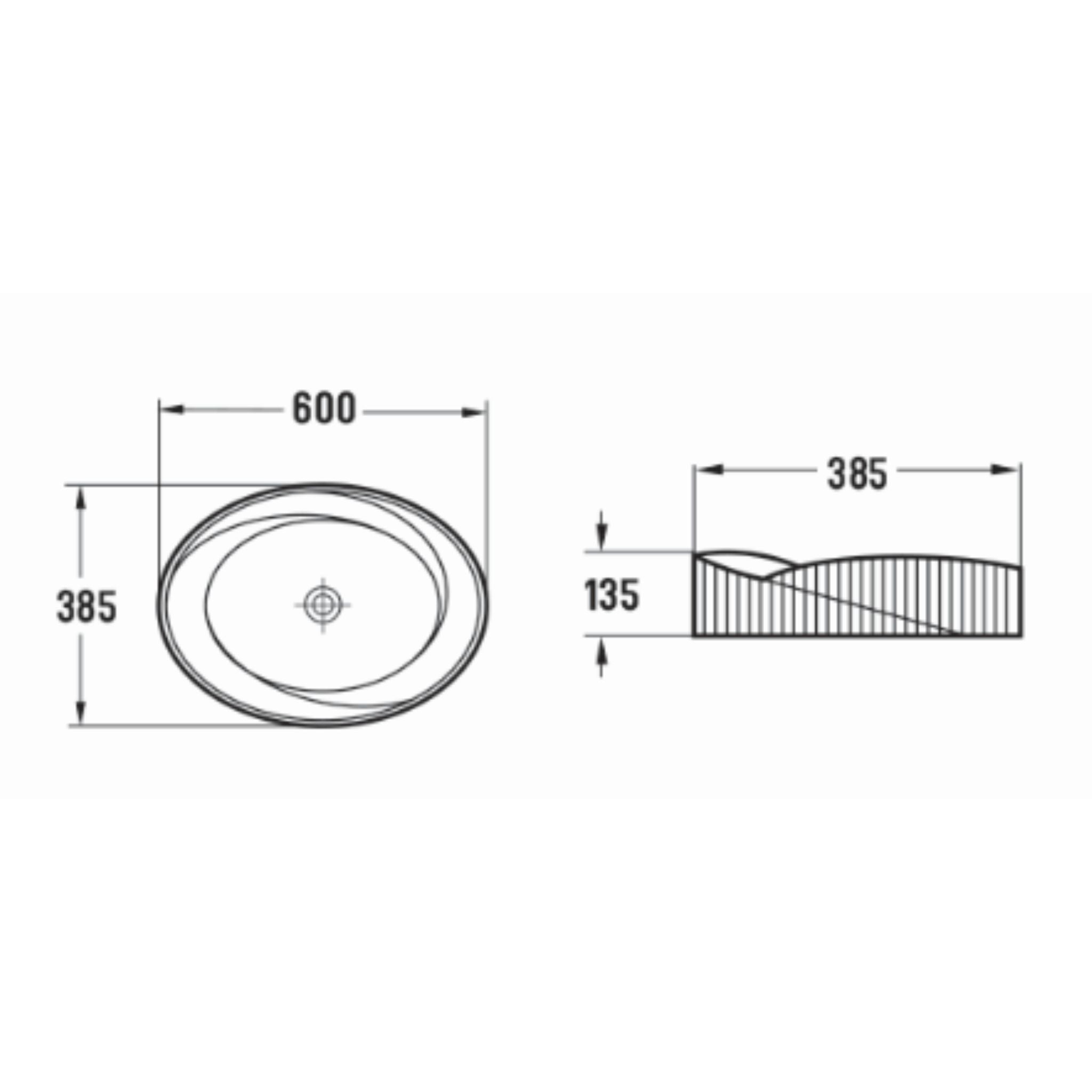 INFINITY ABOVE COUNTER CERAMIC BASIN OVAL MATTE WHITE 600MM