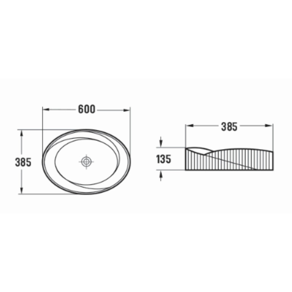 INFINITY ABOVE COUNTER CERAMIC BASIN OVAL MATTE WHITE 600MM