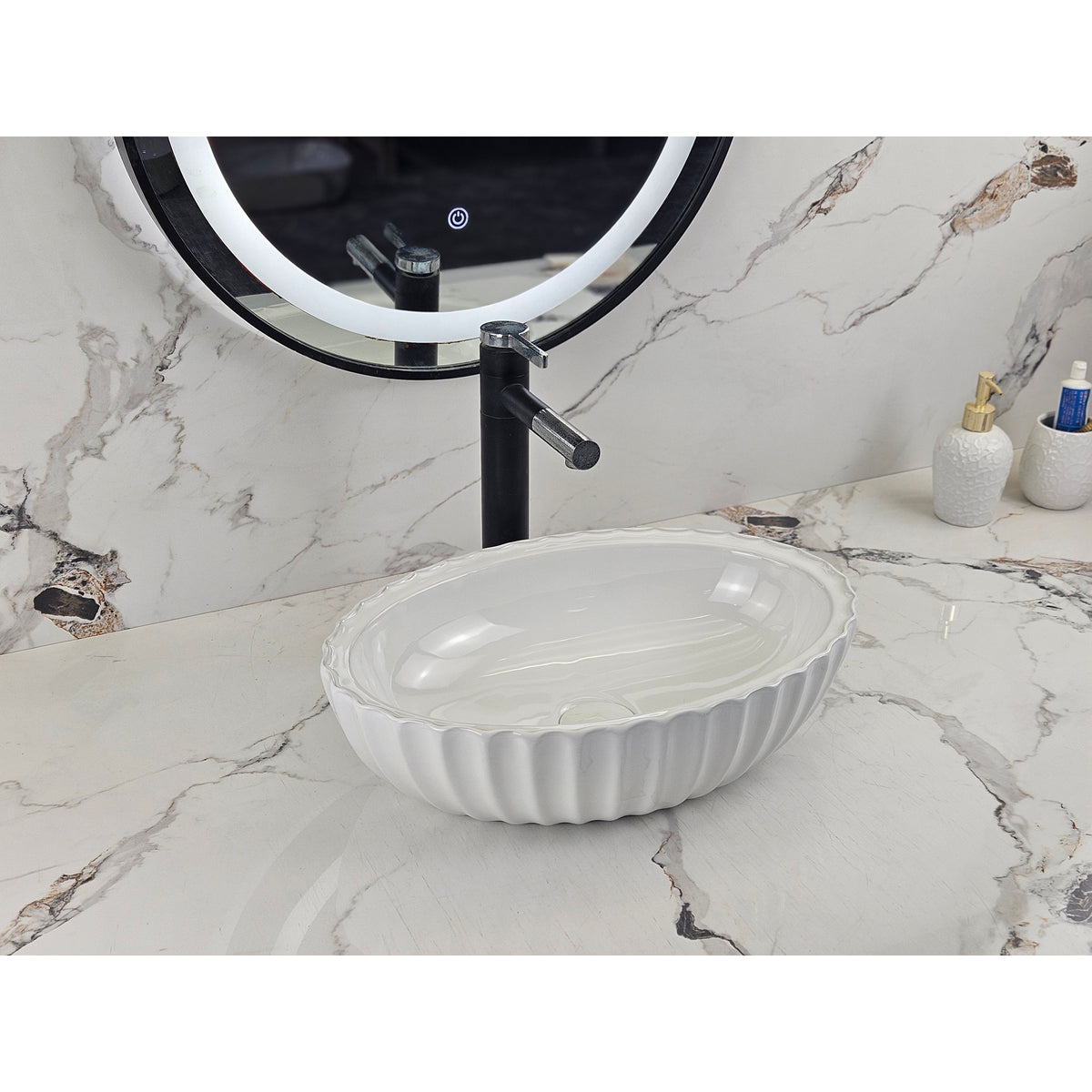 Infinity IA102 oval fluted gloss white basin with matte black tapware