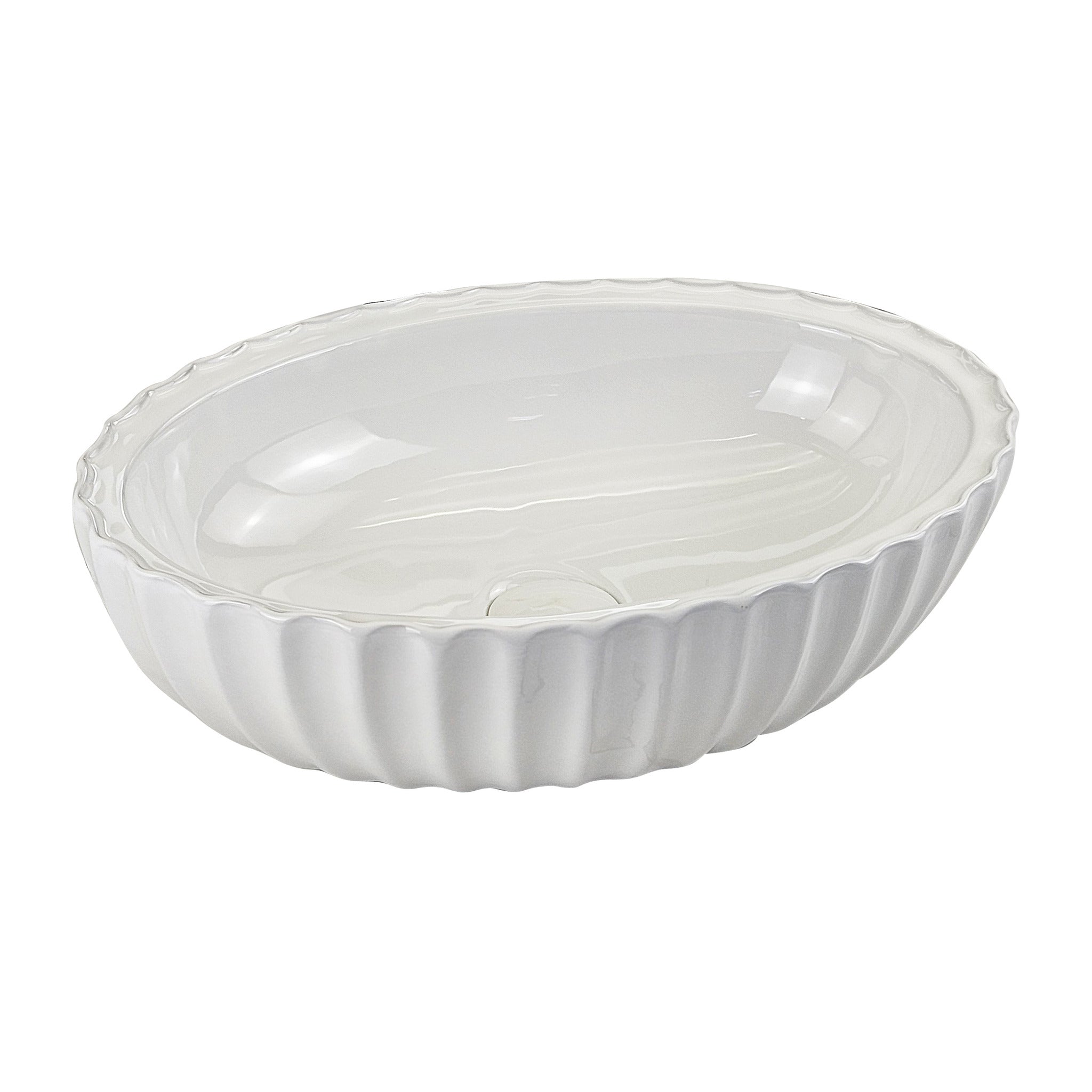 Infinity IA102 oval fluted above-counter ceramic basin in gloss white, isolated view