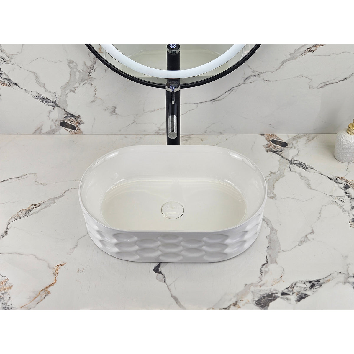 Infinity IA103 oval textured gloss white basin with black tapware, front view