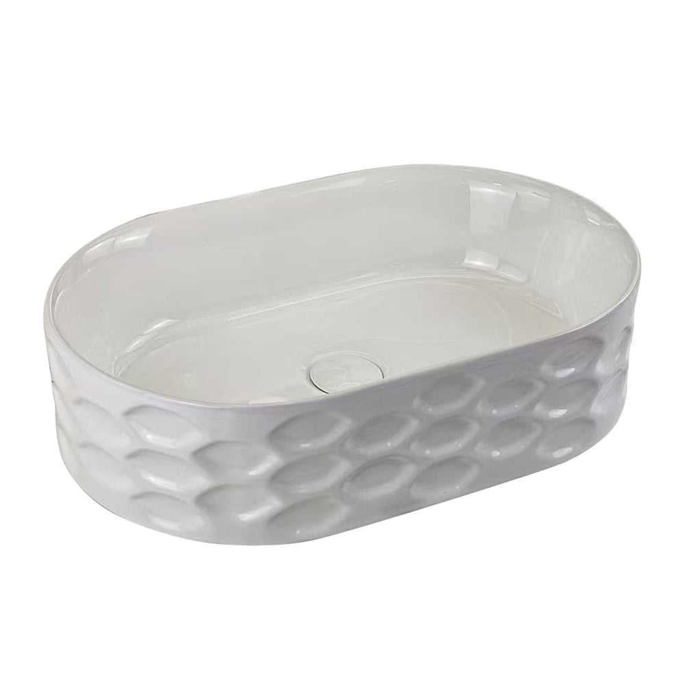 Infinity IA103 oval textured above-counter ceramic basin in gloss white, isolated view