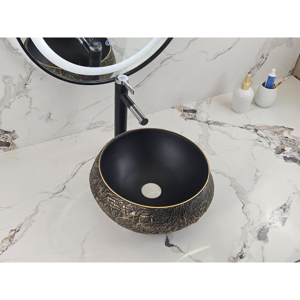 Infinity IA105 round matte black and copper gold basin with black tapware, top angled view