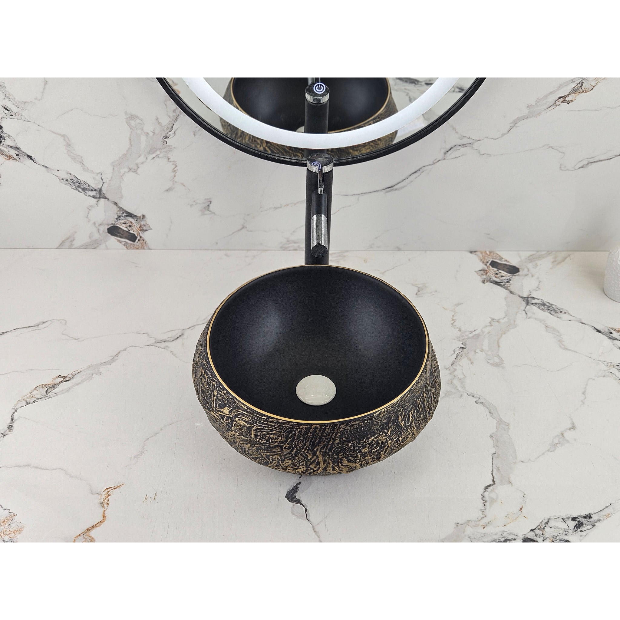 Infinity IA105 round matte black and copper gold basin with black tapware, front view