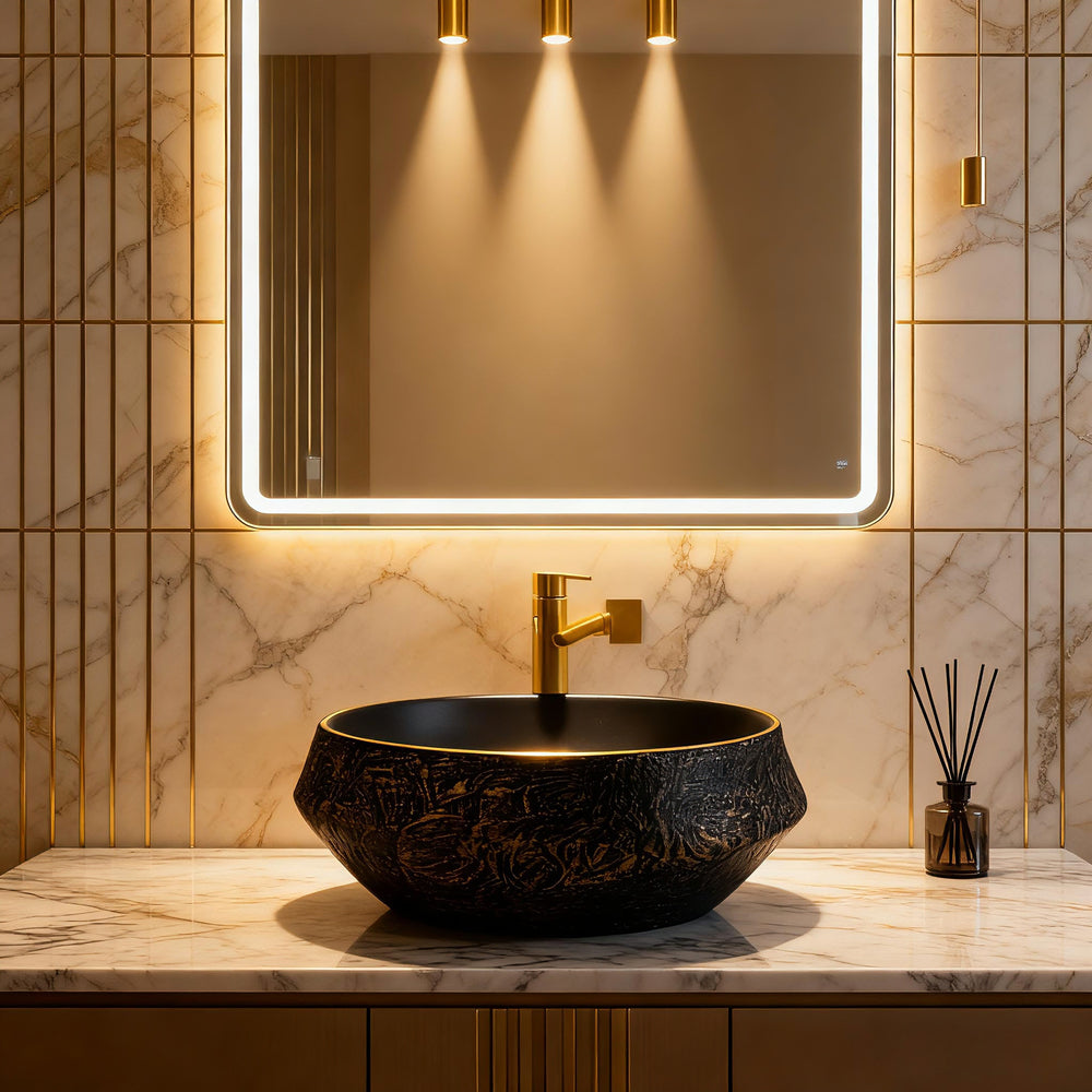 Infinity IA105 round matte black and copper gold basin styled in a luxury bathroom