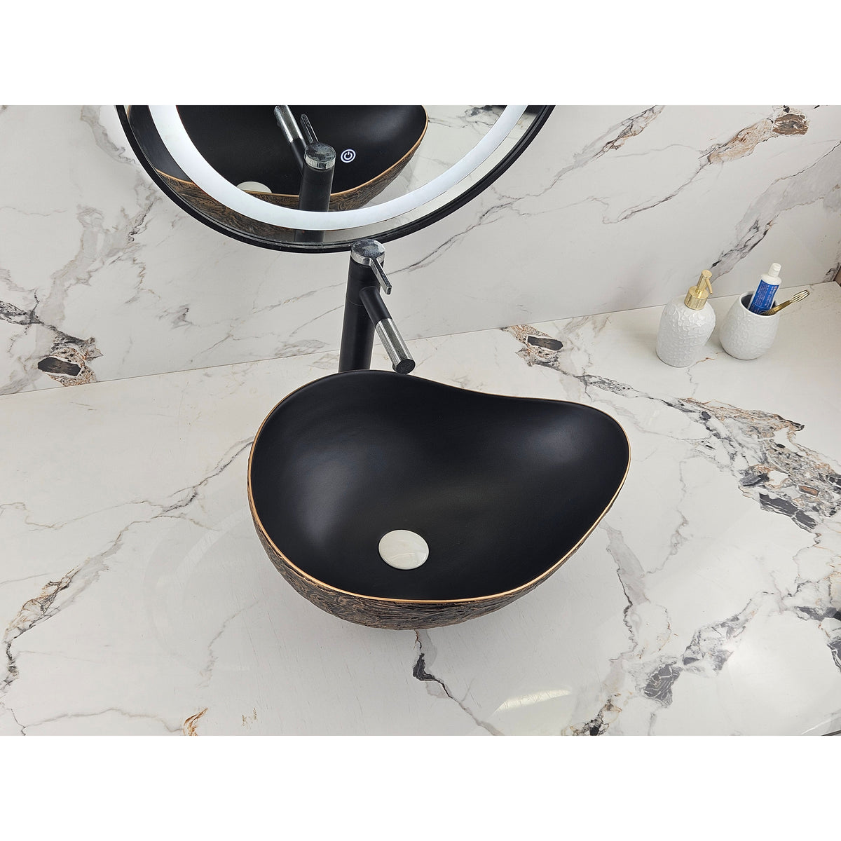 Infinity IA106 curved matte black and copper gold basin with black tapware, top angled view