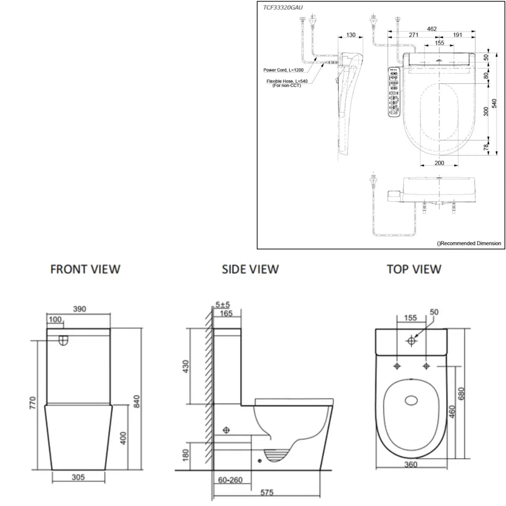 TOTO S2 WASHLET W/ SIDE CONTROL AND INSPIRE RIMLESS BTW TOILET SUITE PACKAGE D-SHAPED GLOSS WHITE