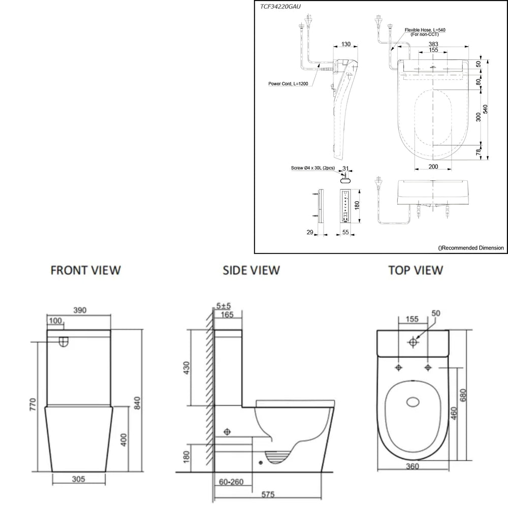 TOTO S5 WASHLET W/ REMOTE CONTROL AND INSPIRE RIMLESS BTW TOILET SUITE PACKAGE D-SHAPED GLOSS WHITE