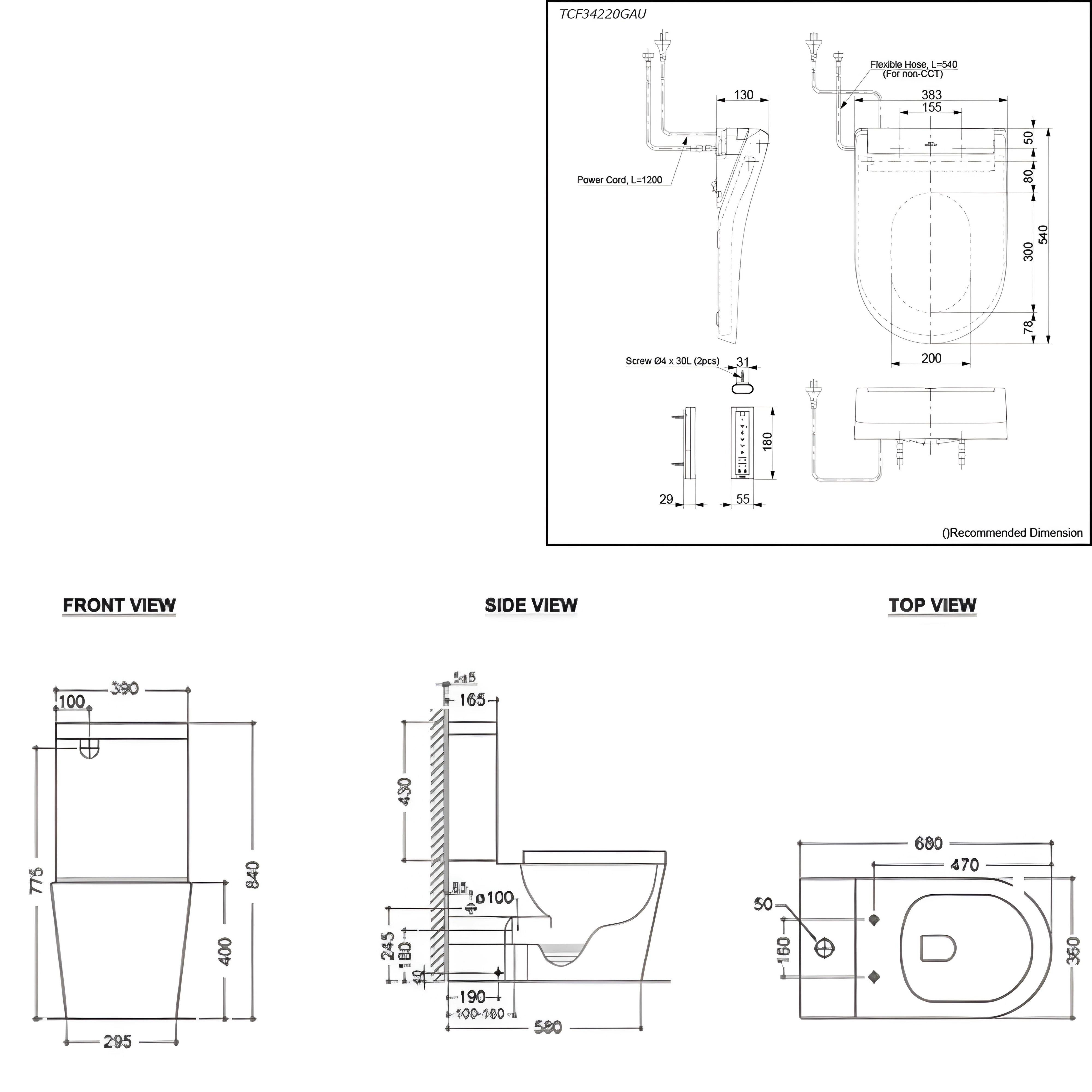 TOTO S5 WASHLET W/ REMOTE CONTROL AND INSPIRE RIMLESS BTW TOILET SUITE PACKAGE D-SHAPED GLOSS WHITE