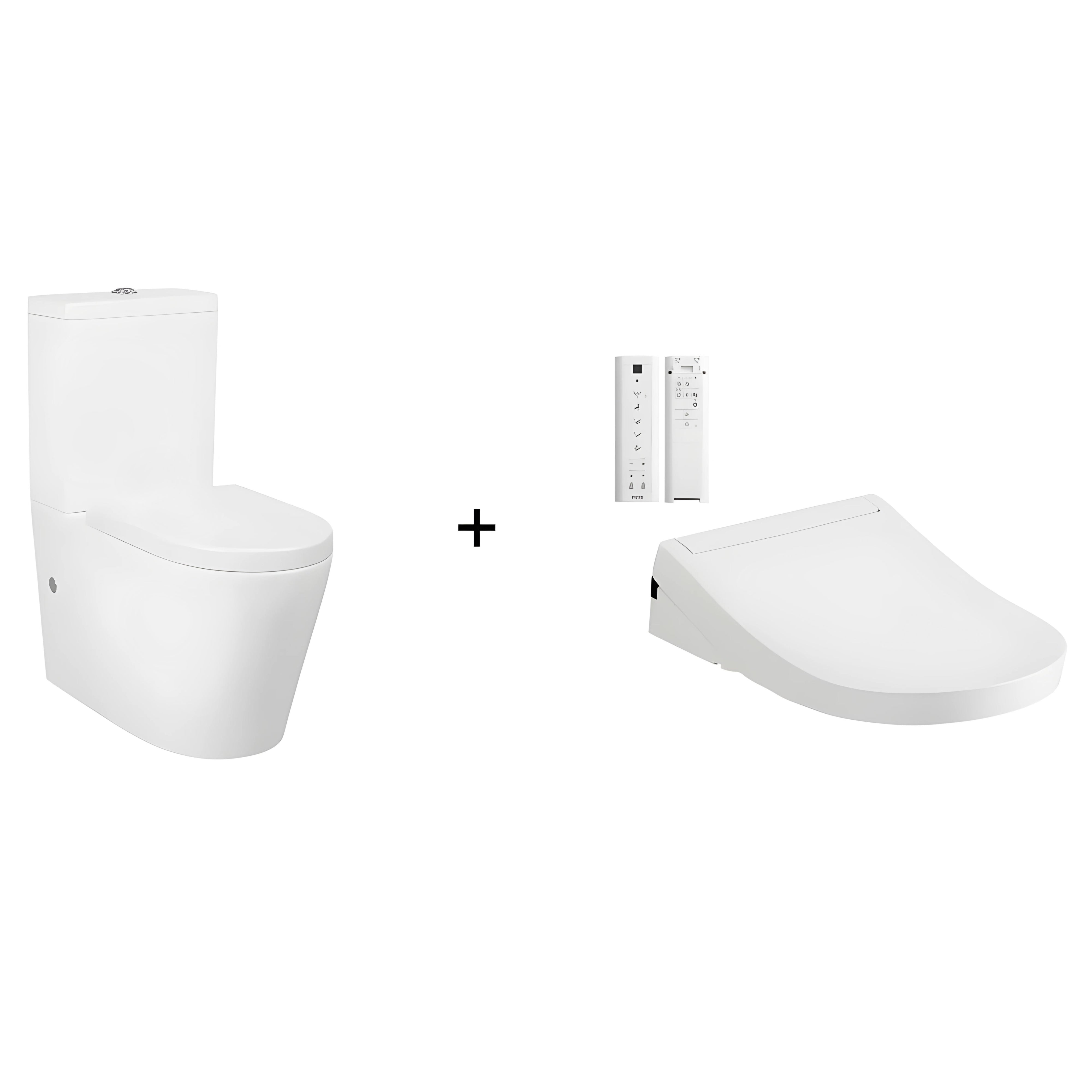 TOTO S5 WASHLET W/ REMOTE CONTROL AND INSPIRE RIMLESS BTW TOILET SUITE PACKAGE D-SHAPED GLOSS WHITE