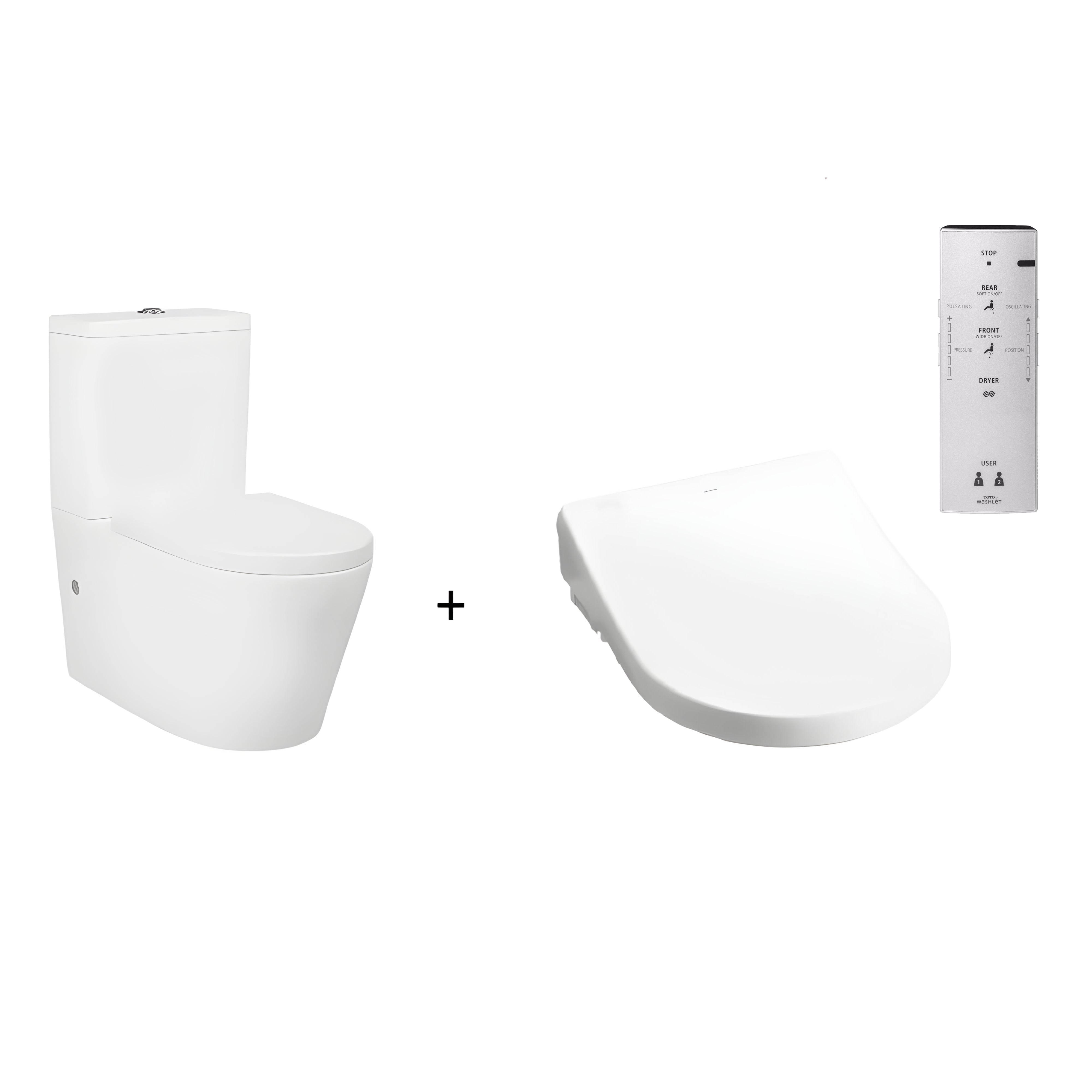 TOTO WASHLET W/ REMOTE CONTROL AND INSPIRE AUTOLID RIMLESS BTW TOILET SUITE PACKAGE D-SHAPE GLOSS WHITE