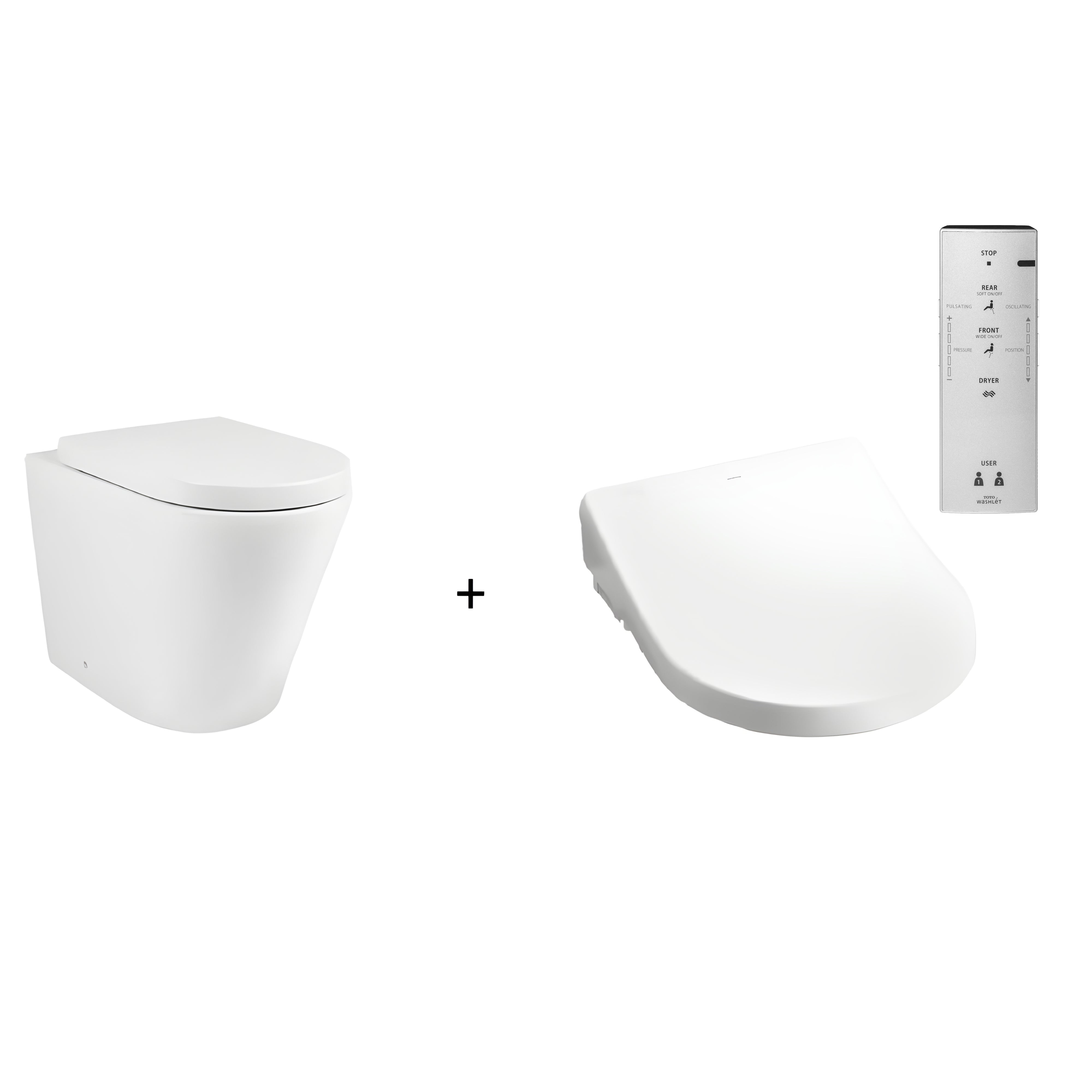 TOTO WASHLET W/ REMOTE CONTROL AND INSPIRE AUTOLID WALL FACED RIMLESS TOILET PACKAGE D-SHAPE GLOSS WHITE