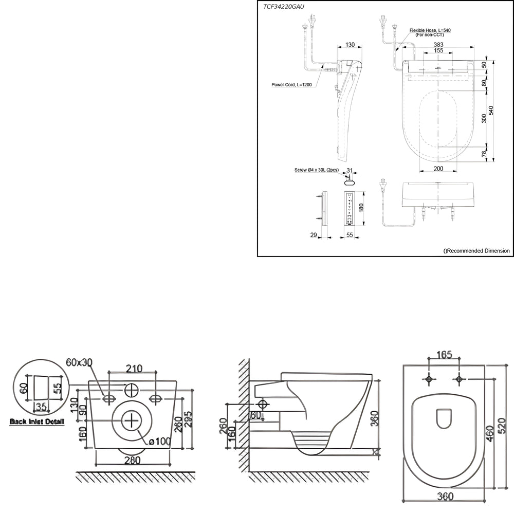 TOTO S5 WASHLET W/ REMOTE CONTROL AND INSPIRE WALL HUNG RIMLESS TOILET PACKAGE (D-SHAPED) GLOSS WHITE