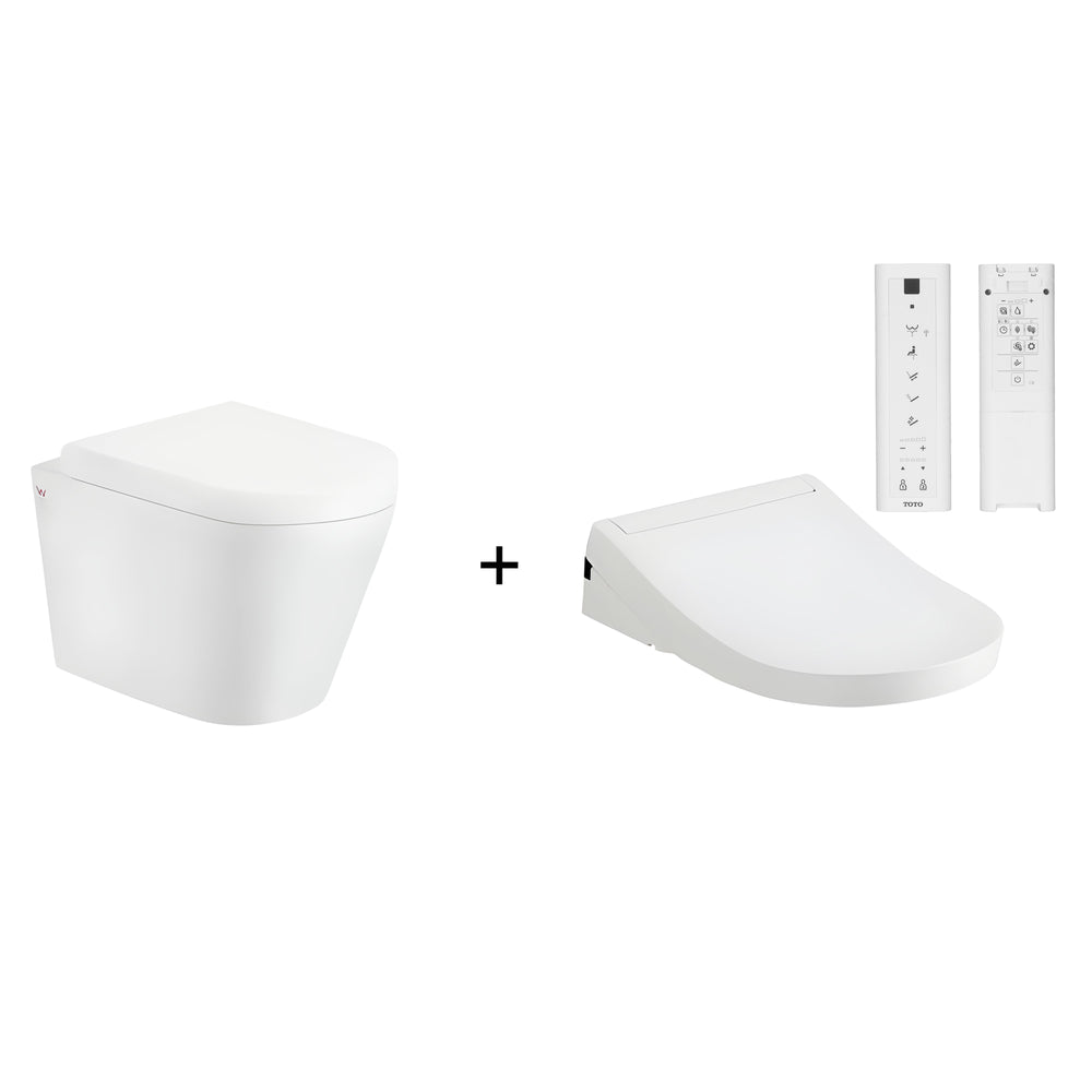 TOTO S5 WASHLET W/ REMOTE CONTROL AND INSPIRE WALL HUNG RIMLESS TOILET PACKAGE (D-SHAPED) GLOSS WHITE