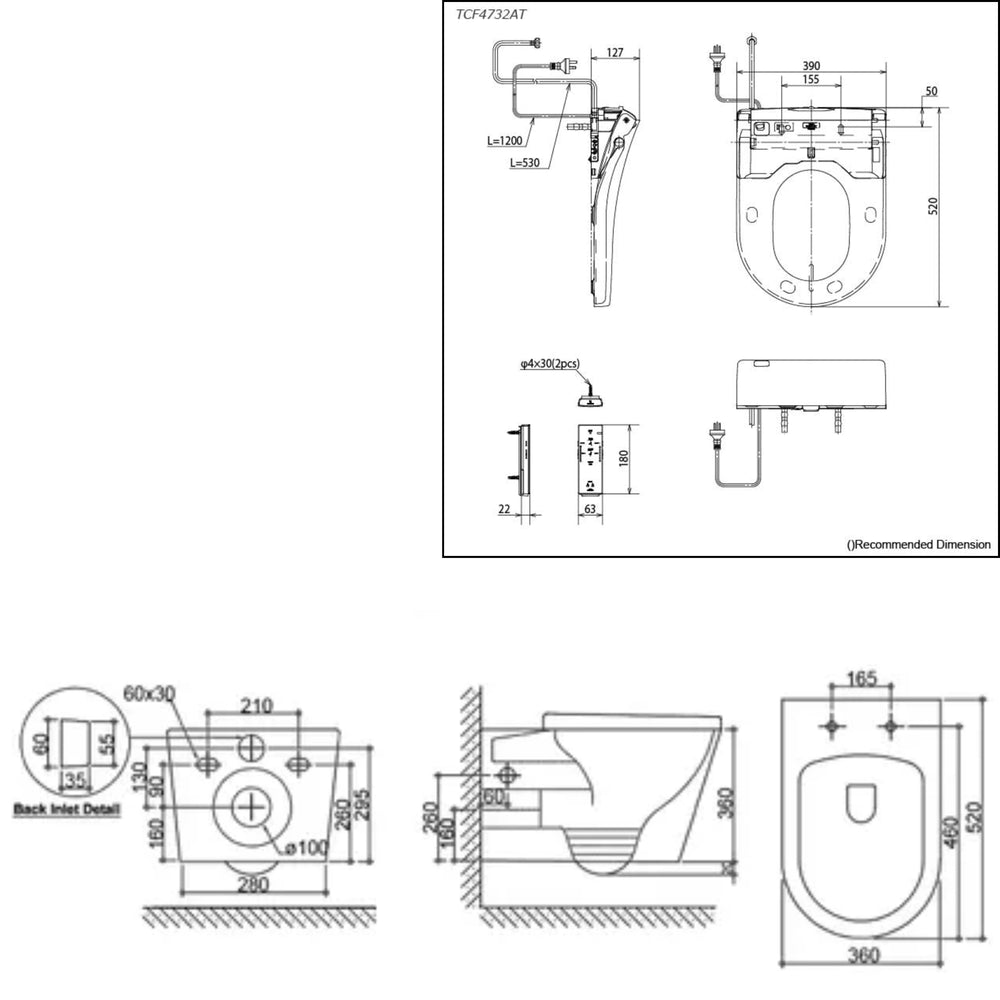 TOTO WASHLET W/ REMOTE CONTROL AND INSPIRE AUTOLID WALL HUNG RIMLESS TOILET PACKAGE D-SHAPE GLOSS WHITE