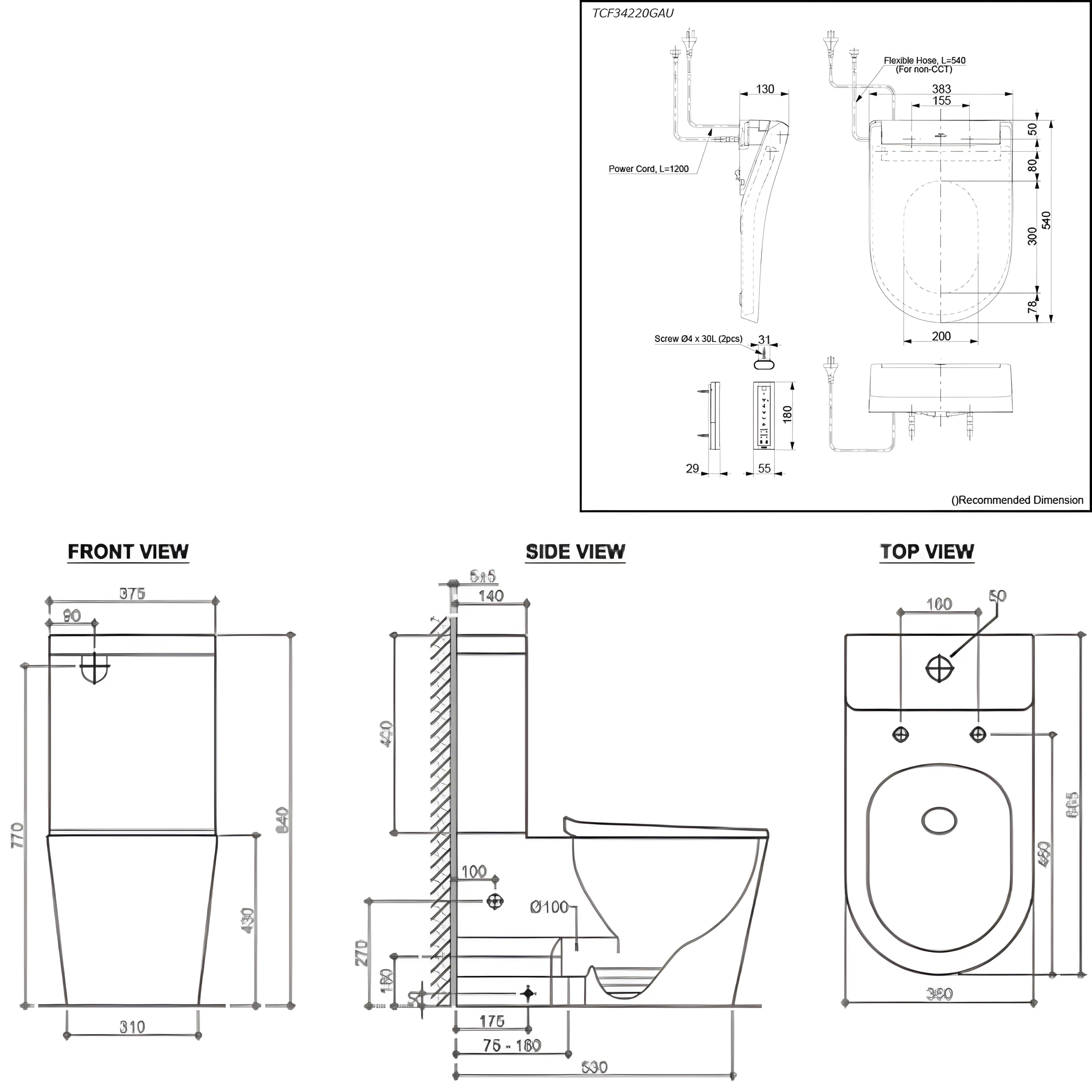 TOTO S5 WASHLET W/ REMOTE CONTROL AND INSPIRE TORNADO TOILET SUITE PACKAGE D-SHAPED GLOSS WHITE