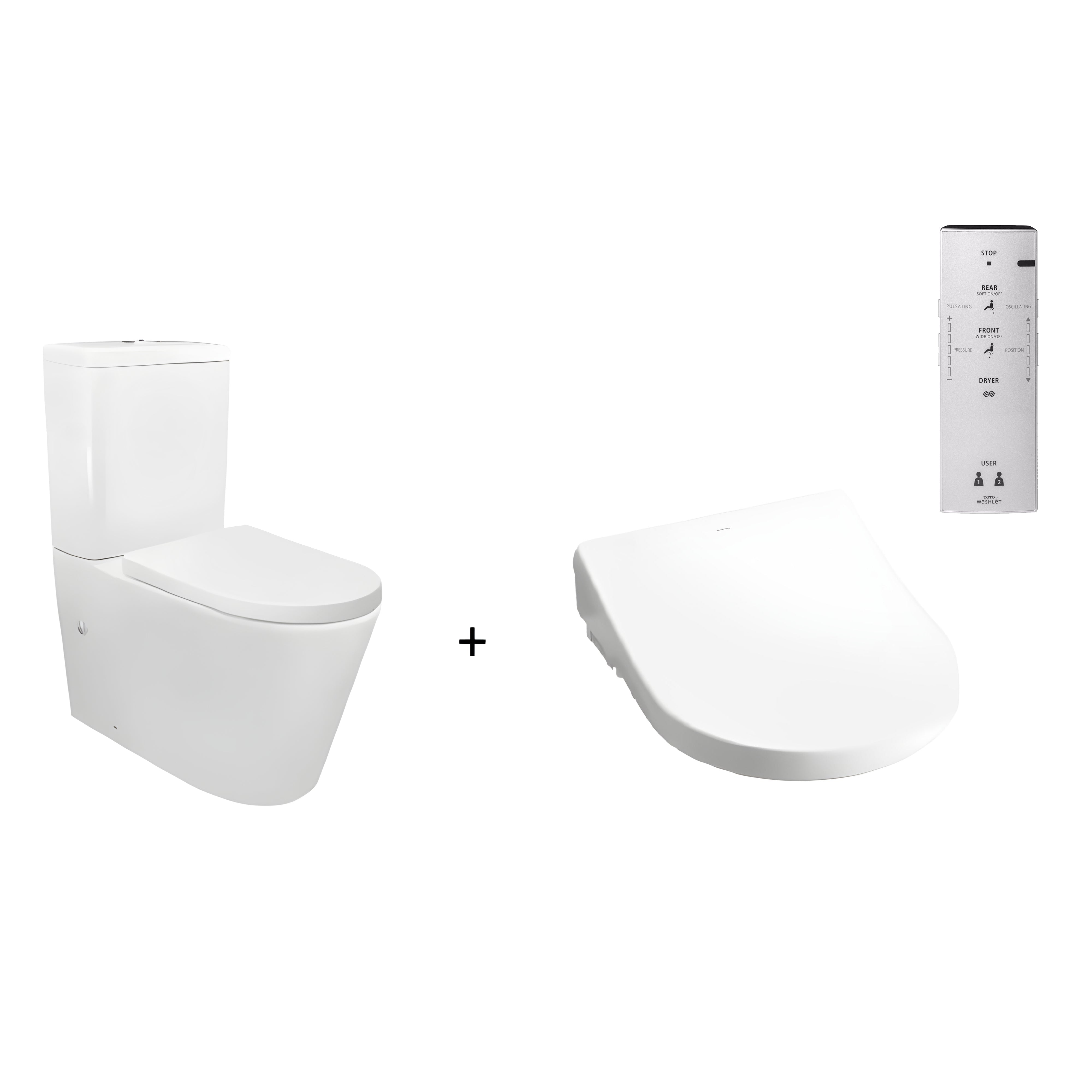 TOTO WASHLET W/ REMOTE CONTROL AND AUTOLID INSPIRE TORNADO TOILET SUITE PACKAGE D-SHAPE GLOSS WHITE