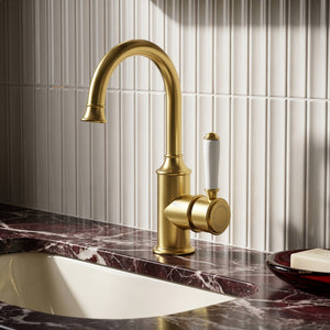 IKON CLASICO GOOSENECK BASIN MIXER 271MM BRUSHED GOLD (CERAMIC HANDLE)