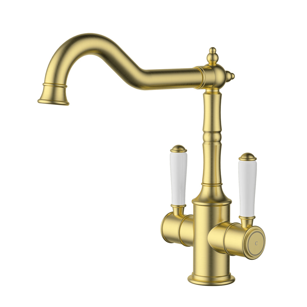 IKON CLASICO TWIN HANDLE SINK MIXER CERAMIC HANDLE 285MM BRUSHED GOLD