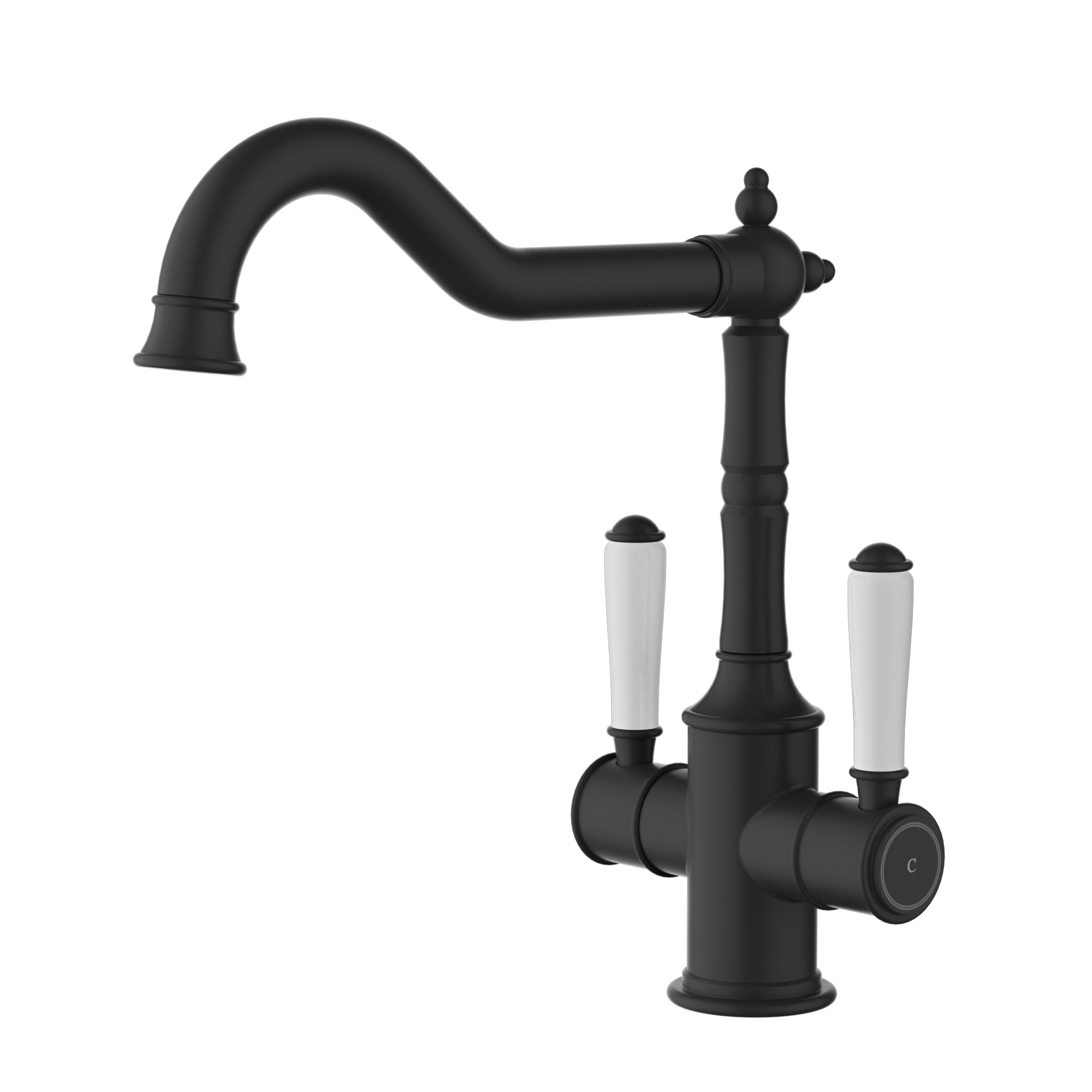 IKON CLASICO TWIN HANDLE SINK MIXER CERAMIC HANDLE 285MM MATTE BLACK