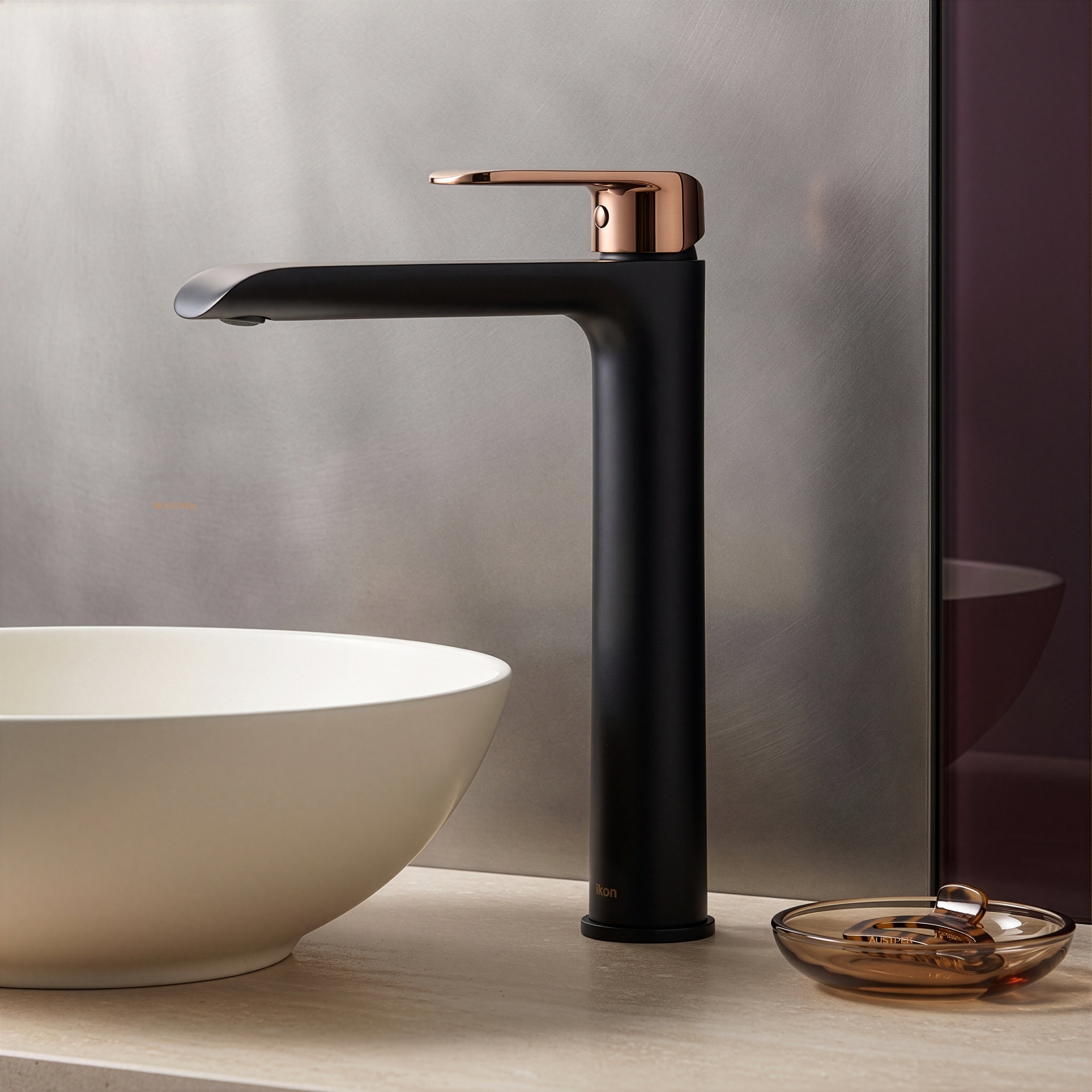 IKON KARA HIGH RISE BASIN MIXER 278MM MATTE BLACK AND ROSE GOLD
