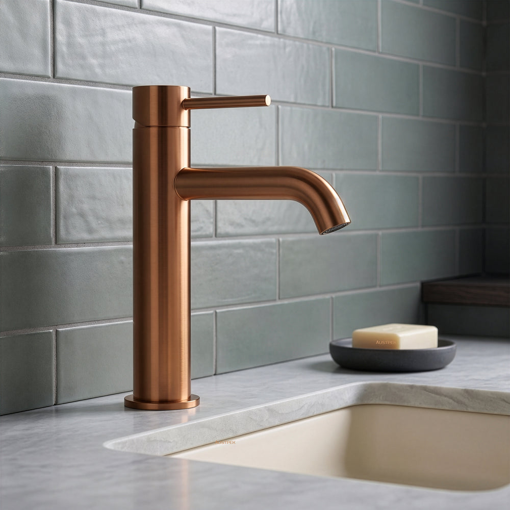IKON OTUS SLIMLINE CURVED SPOUT BASIN MIXER 170MM BRUSHED COPPER