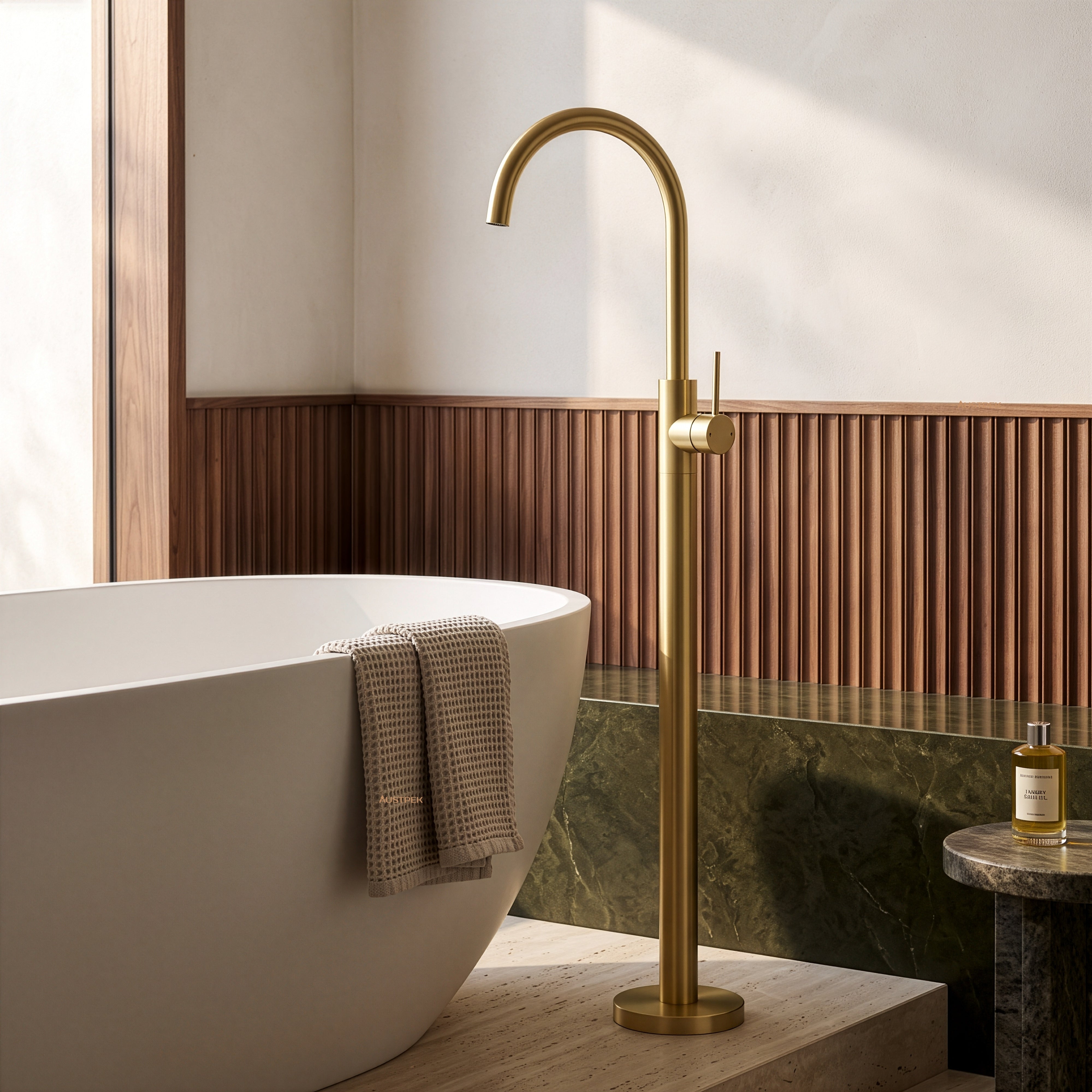 IKON OTUS SLIMLINE FREESTANDING BATH MIXER 1059MM BRUSHED GOLD