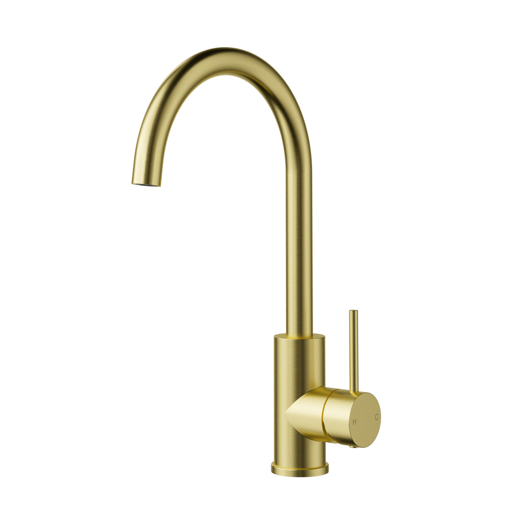 IKON OTUS LEAD FREE SLIMLINE GOOSENECK SINK MIXER 341MM BRUSHED GOLD