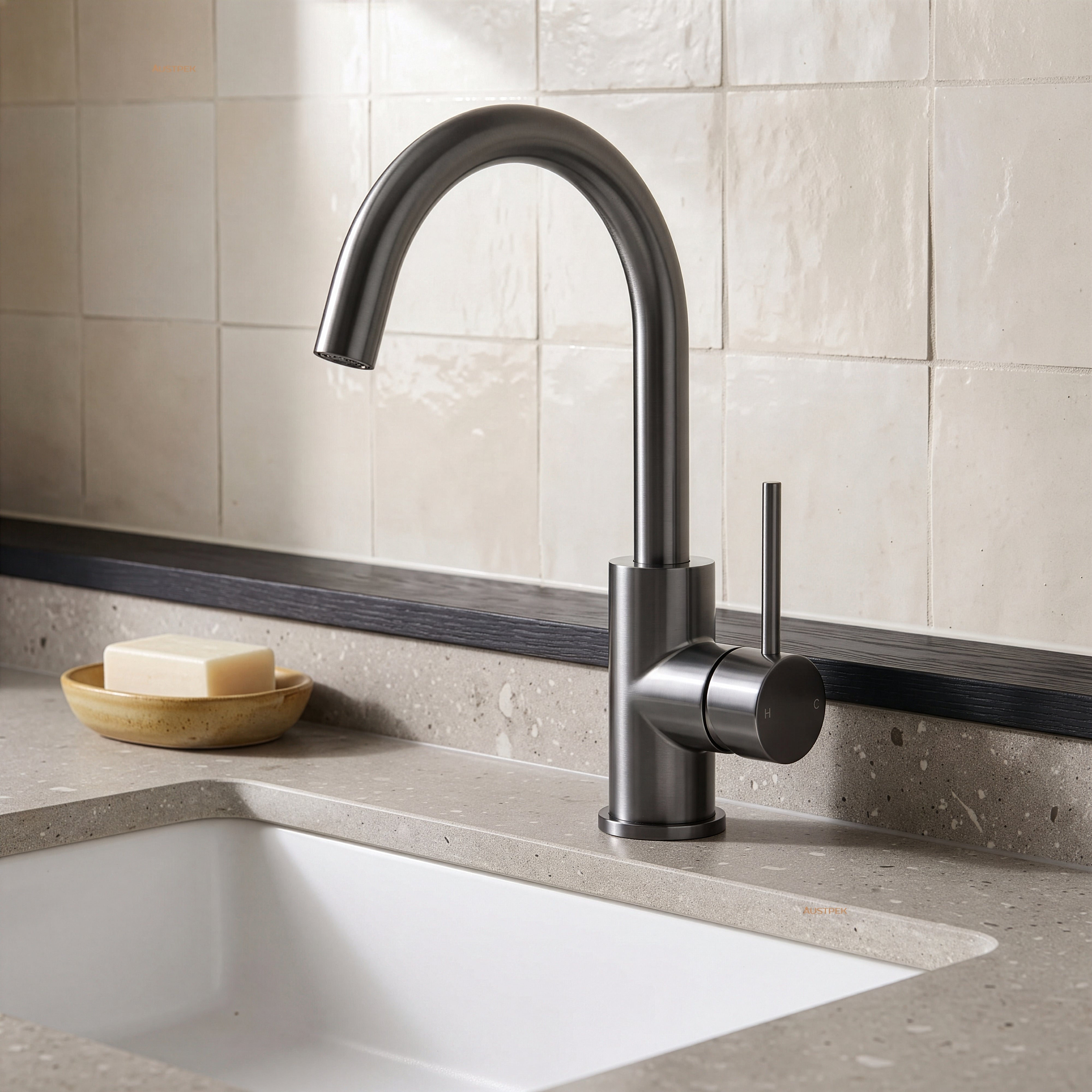 IKON OTUS SLIMLINE GOOSENECK SINK MIXER 341MM GUN METAL