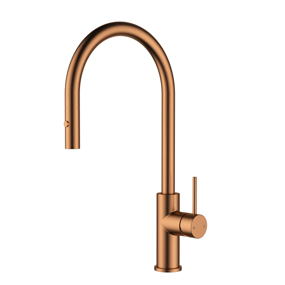 IKON OTUS LEAD FREE SLIMLINE SS GOOSENECK PULL OUT SINK MIXER 440MM BRUSHED COPPER