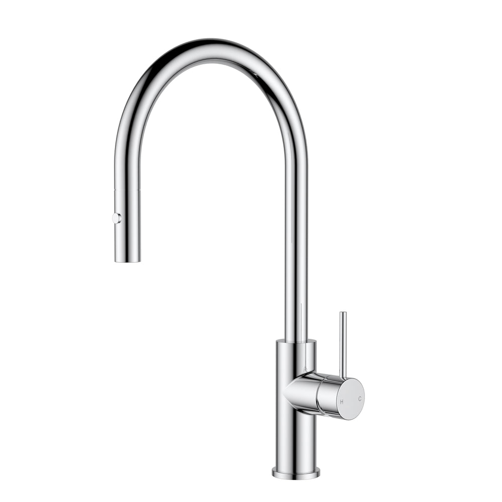 IKON OTUS LEAD FREE SLIMLINE SS GOOSENECK PULL OUT SINK MIXER 440MM CHROME