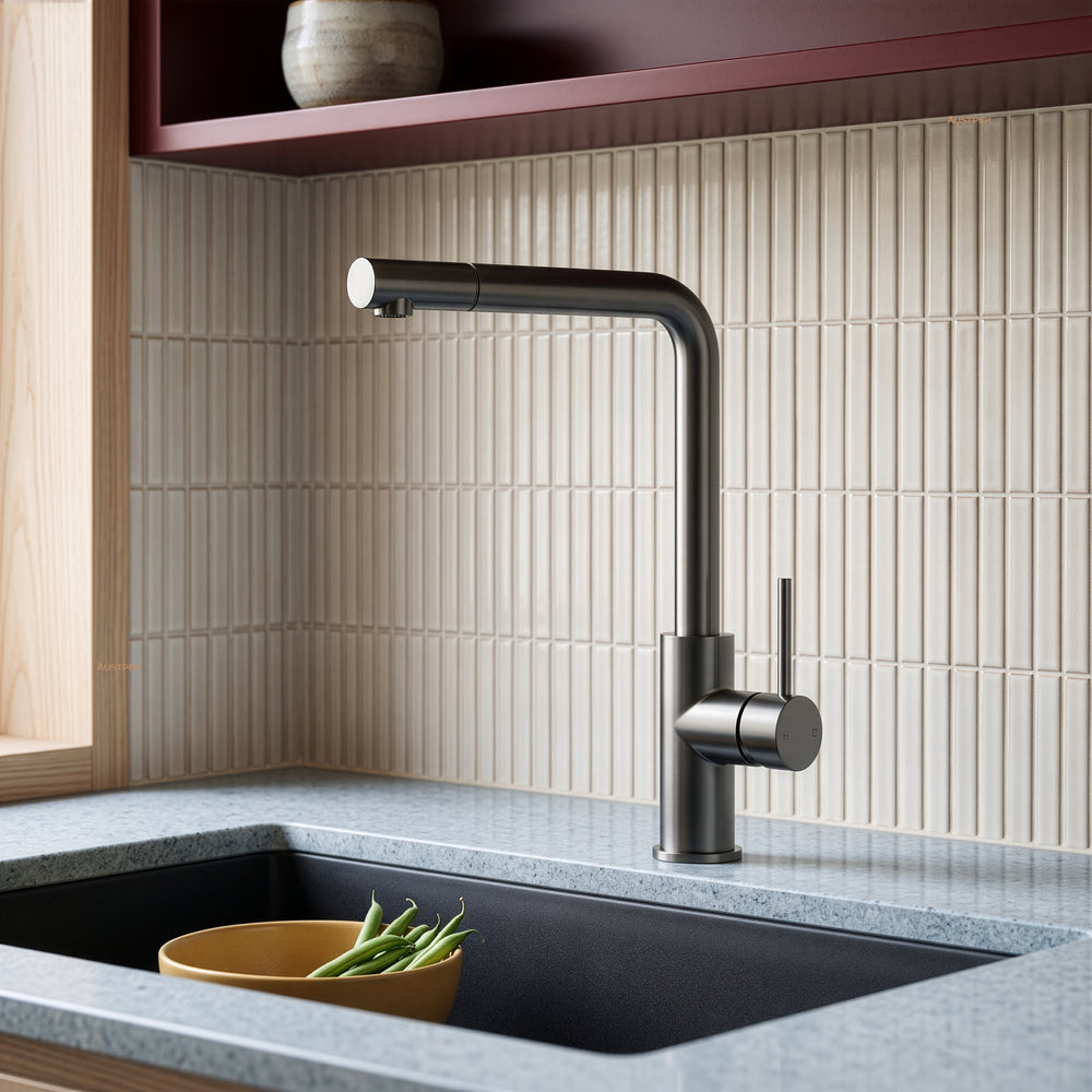 IKON OTUS SLIMLINE SS PULL OUT SINK MIXER 352MM GUN METAL